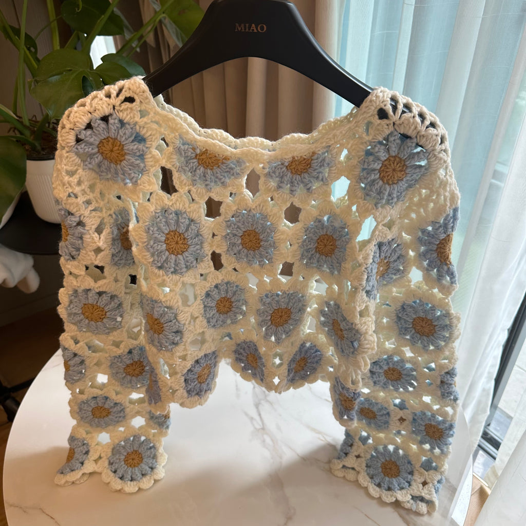 Women's Handknitted Sweater Wool Crop Top Outfits 3D Blue Flowers Crochet Design Fashionable Hollow Knitwear Handmade Womenswear Basic Style
