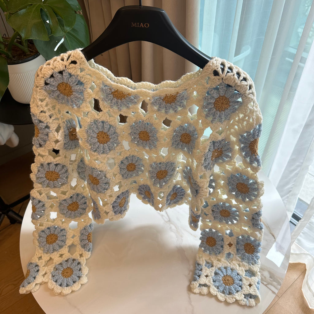 Women's Handknitted Sweater Wool Crop Top Outfits 3D Blue Flowers Crochet Design Fashionable Hollow Knitwear Handmade Womenswear Basic Style