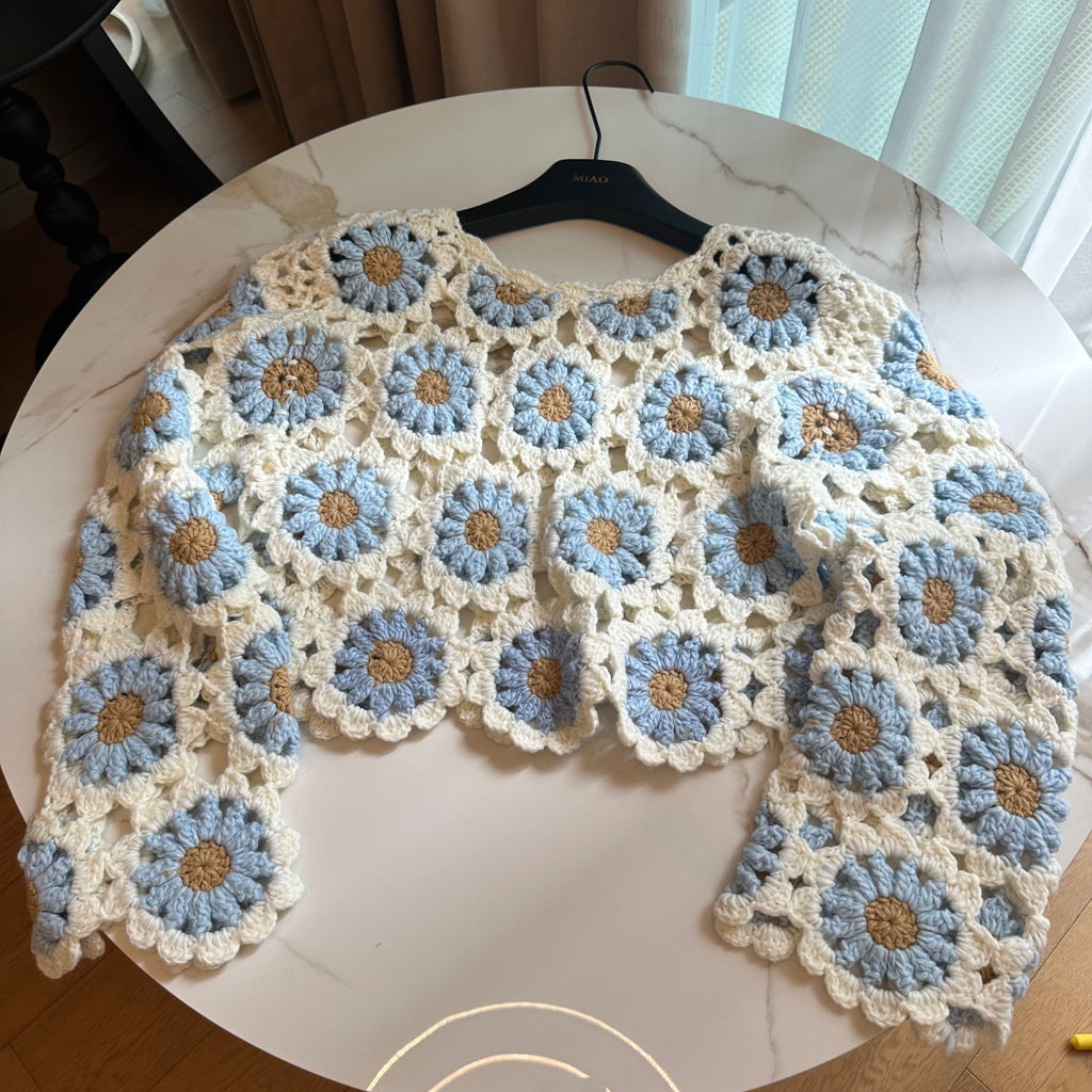 Women's Handknitted Sweater Wool Crop Top Outfits 3D Blue Flowers Crochet Design Fashionable Hollow Knitwear Handmade Womenswear Basic Style