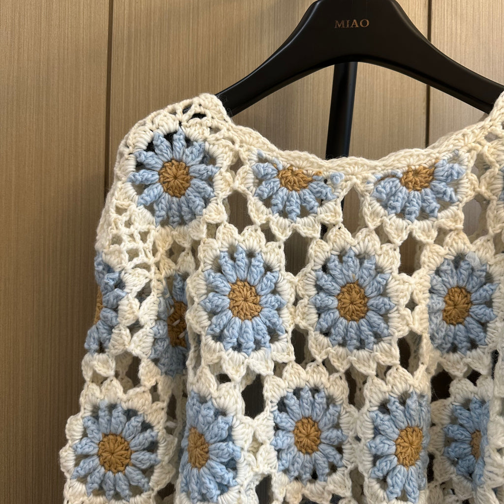 Women's Handknitted Sweater Wool Crop Top Outfits 3D Blue Flowers Crochet Design Fashionable Hollow Knitwear Handmade Womenswear Basic Style