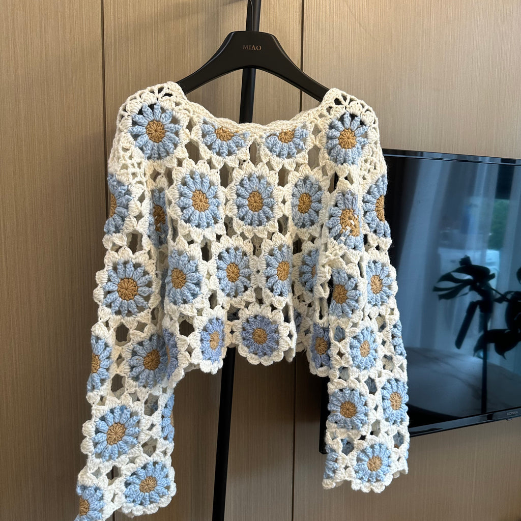 Women's Handknitted Sweater Wool Crop Top Outfits 3D Blue Flowers Crochet Design Fashionable Hollow Knitwear Handmade Womenswear Basic Style