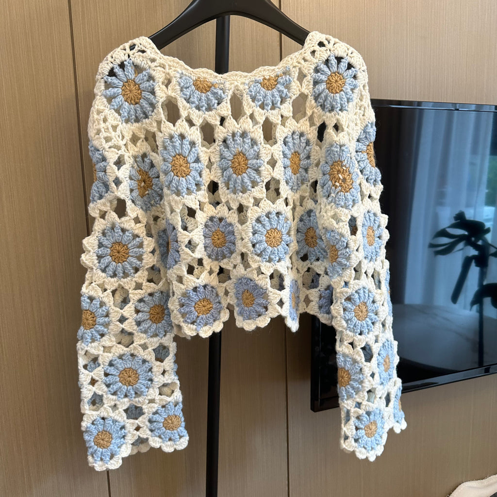 Women's Handknitted Sweater Wool Crop Top Outfits 3D Blue Flowers Crochet Design Fashionable Hollow Knitwear Handmade Womenswear Basic Style