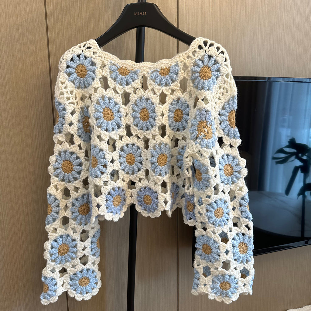 Women's Handknitted Sweater Wool Crop Top Outfits 3D Blue Flowers Crochet Design Fashionable Hollow Knitwear Handmade Womenswear Basic Style
