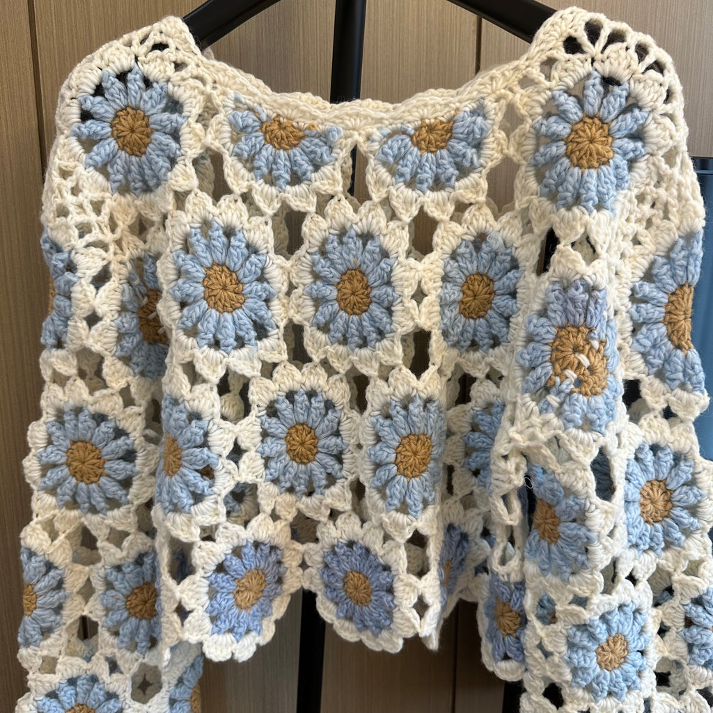 Women's Handknitted Sweater Wool Crop Top Outfits 3D Blue Flowers Crochet Design Fashionable Hollow Knitwear Handmade Womenswear Basic Style