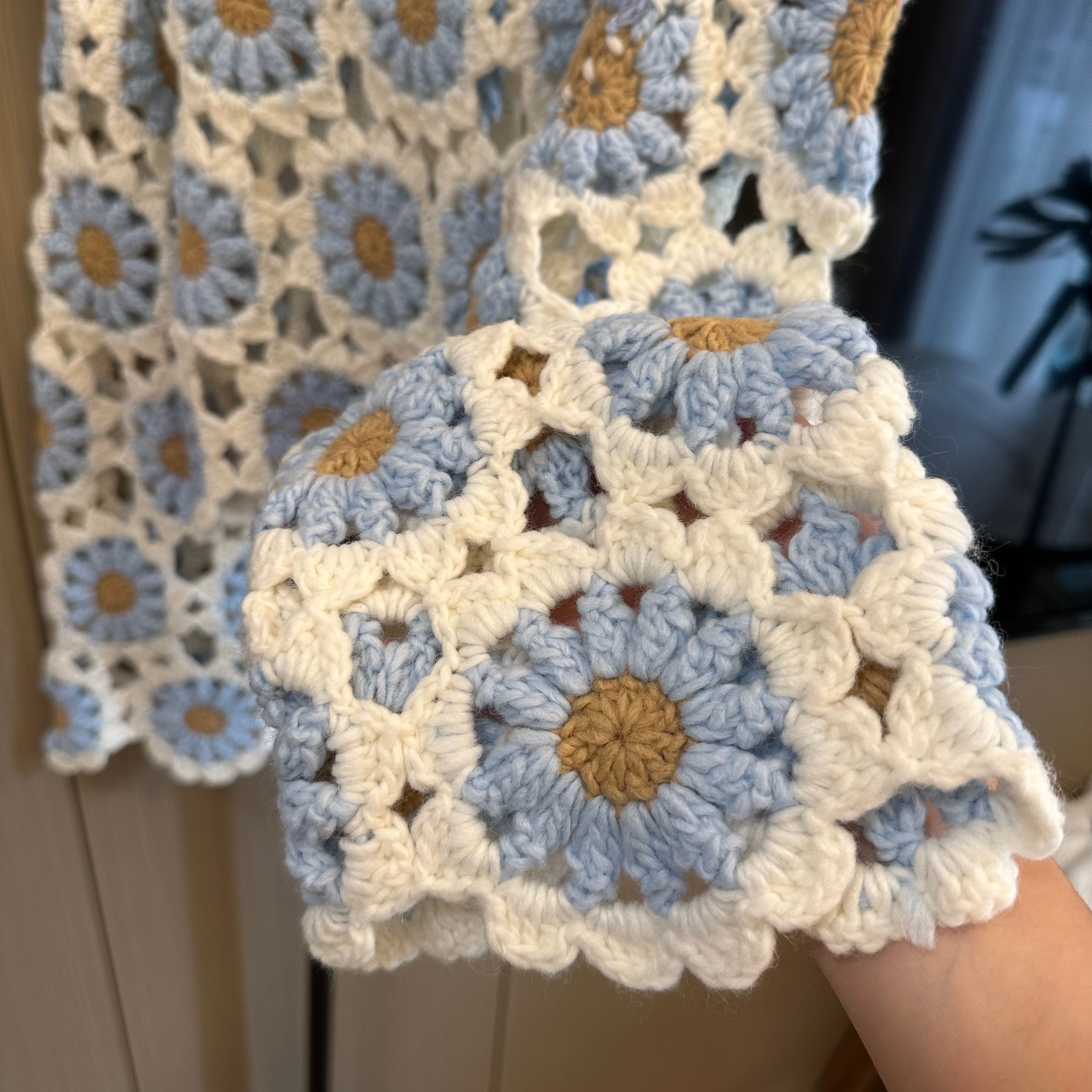 Women's Handknitted Sweater Wool Crop Top Outfits 3D Blue Flowers Crochet Design Fashionable Hollow Knitwear Handmade Womenswear Basic Style