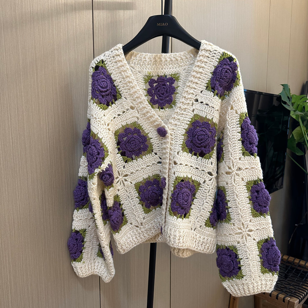 Women's Handknitted Sweater Cardigan Outfits 3D Hollow Purple Flowers Crochet Design Cozy Fashion  Knitwear Knitting Tops Long Sleeve