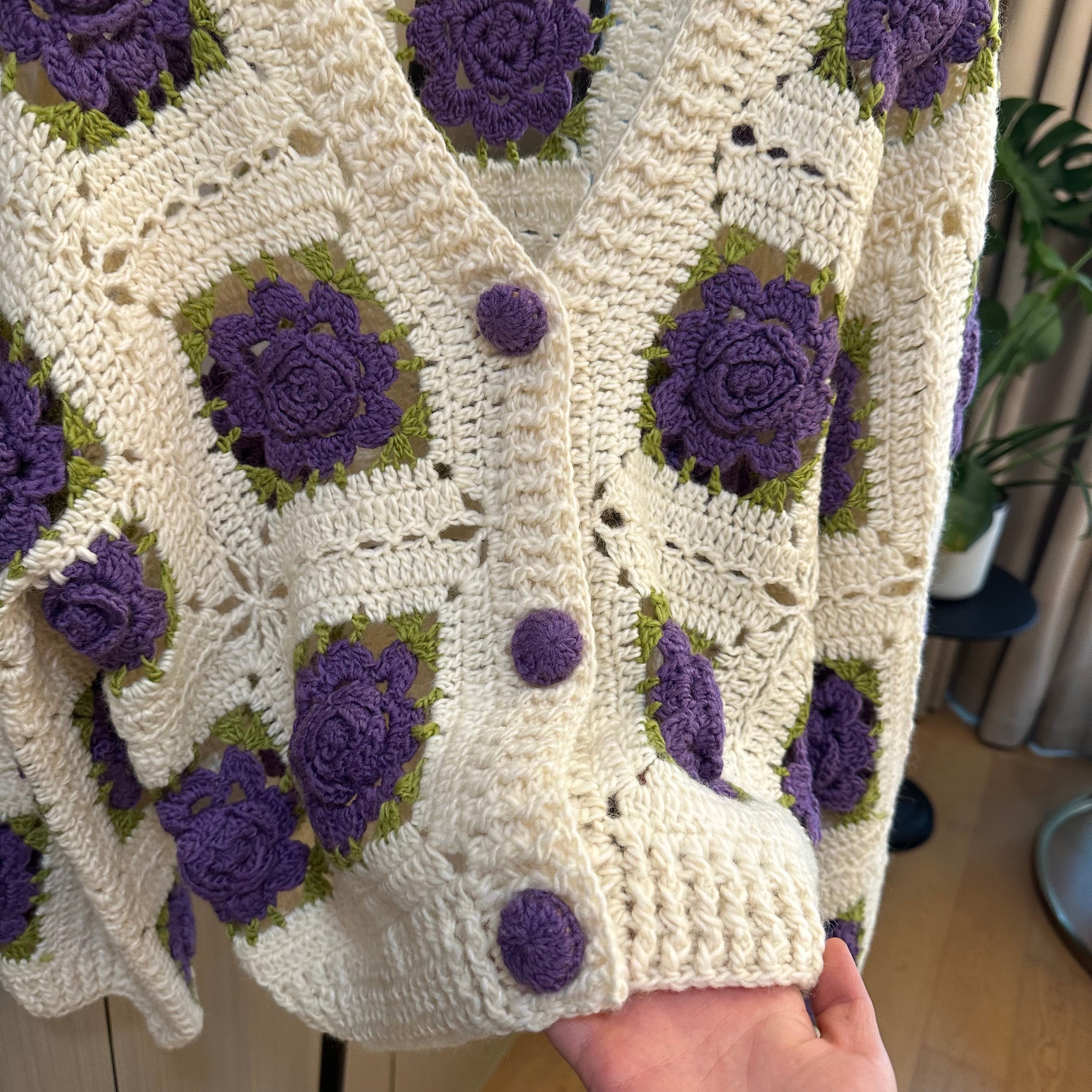 Women's Handknitted Sweater Cardigan Outfits 3D Hollow Purple Flowers Crochet Design Cozy Fashion  Knitwear Knitting Tops Long Sleeve