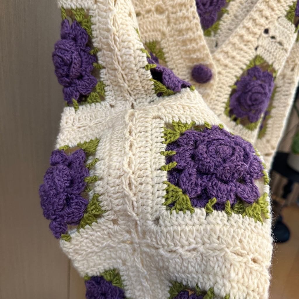 Women's Handknitted Sweater Cardigan Outfits 3D Hollow Purple Flowers Crochet Design Cozy Fashion  Knitwear Knitting Tops Long Sleeve