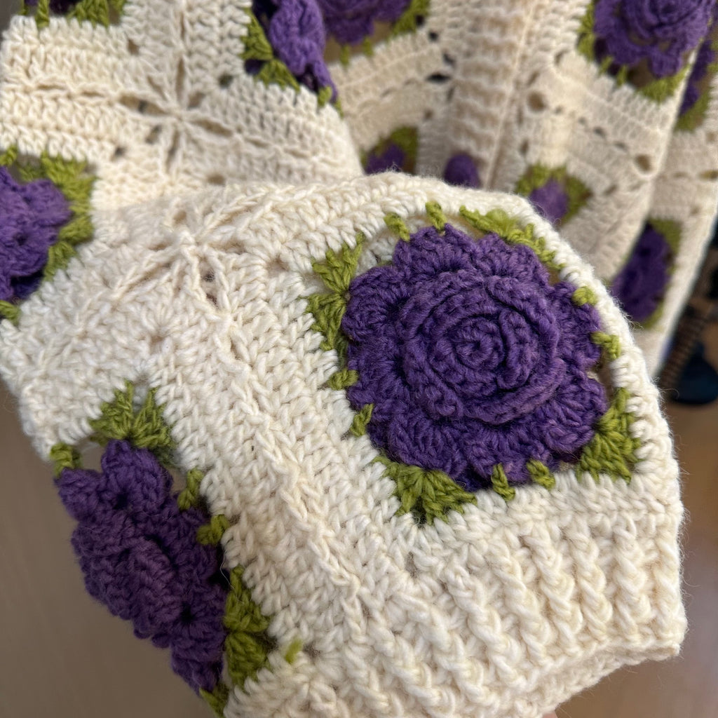 Women's Handknitted Sweater Cardigan Outfits 3D Hollow Purple Flowers Crochet Design Cozy Fashion  Knitwear Knitting Tops Long Sleeve