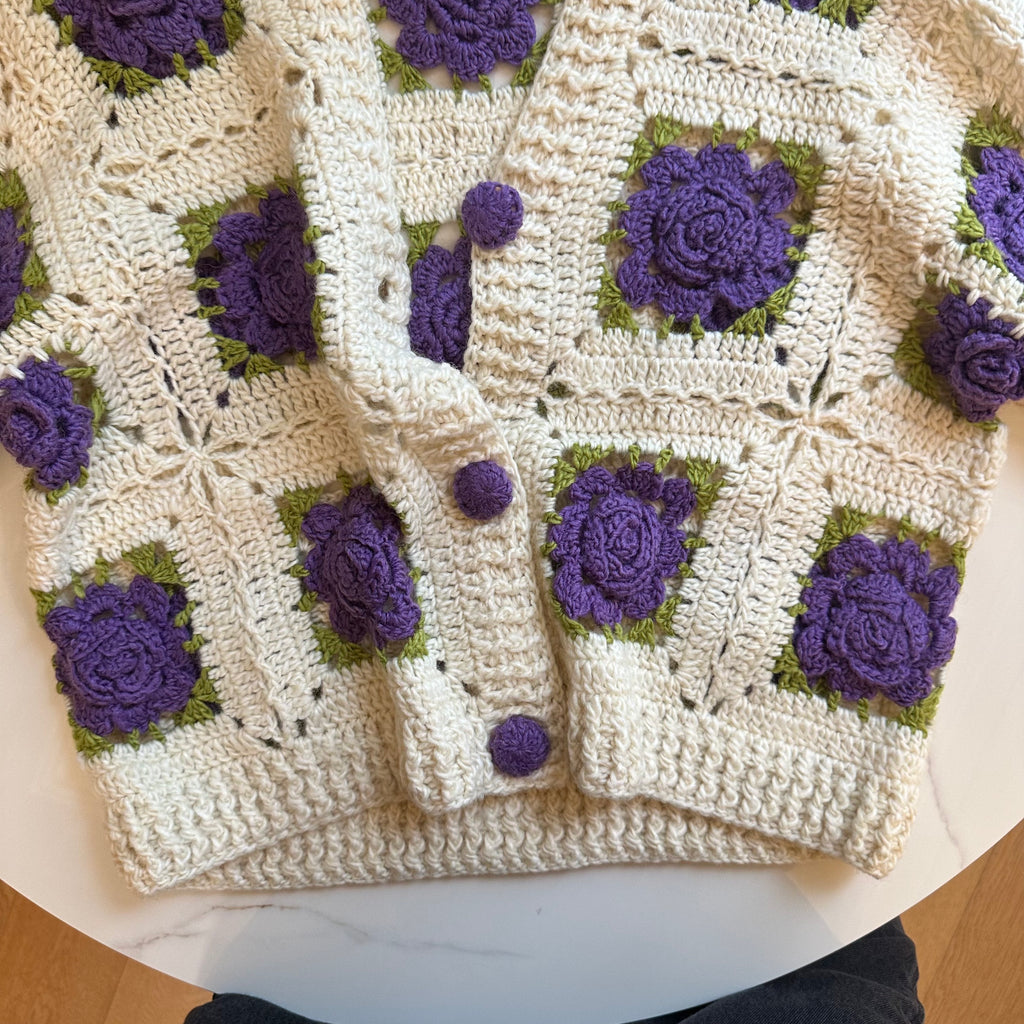 Women's Handknitted Sweater Cardigan Outfits 3D Hollow Purple Flowers Crochet Design Cozy Fashion  Knitwear Knitting Tops Long Sleeve