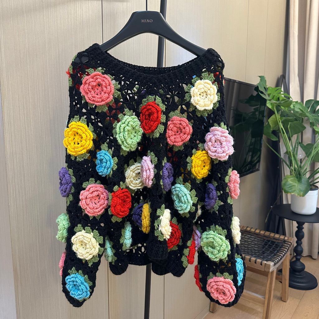 Women's Handknitted Sweater  Black V-neck  Outfits Hollow 3D Flowers Crochet Design Cozy Fashion  Knitwear Knitting Tops Long Sleeve