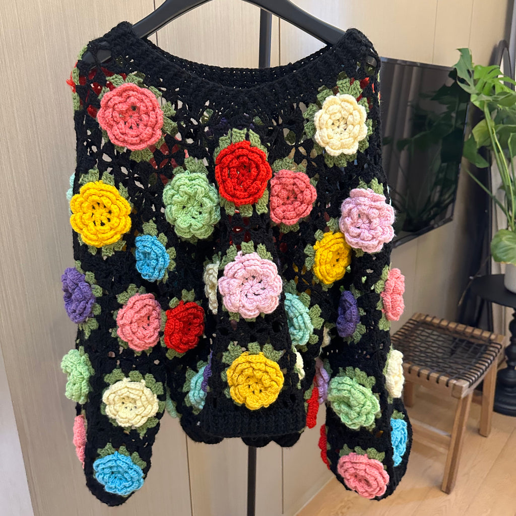 Women's Handknitted Sweater  Black V-neck  Outfits Hollow 3D Flowers Crochet Design Cozy Fashion  Knitwear Knitting Tops Long Sleeve