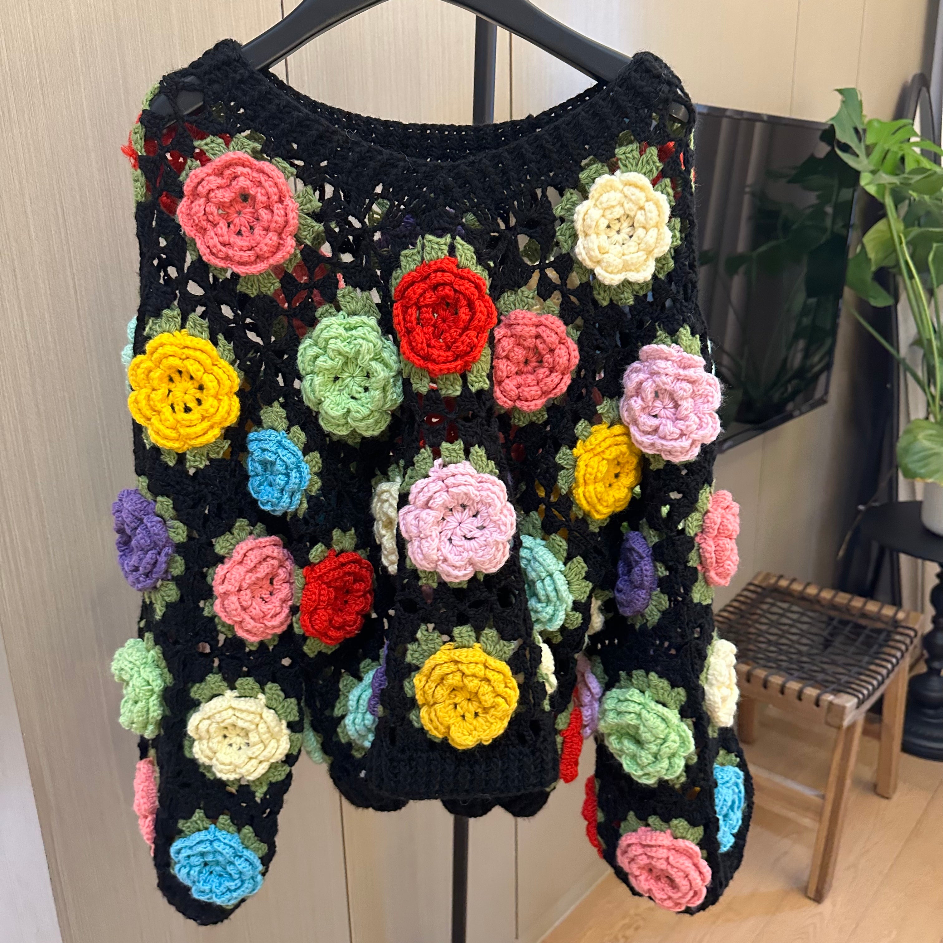 Women's Handknitted Sweater  Black V-neck  Outfits Hollow 3D Flowers Crochet Design Cozy Fashion  Knitwear Knitting Tops Long Sleeve
