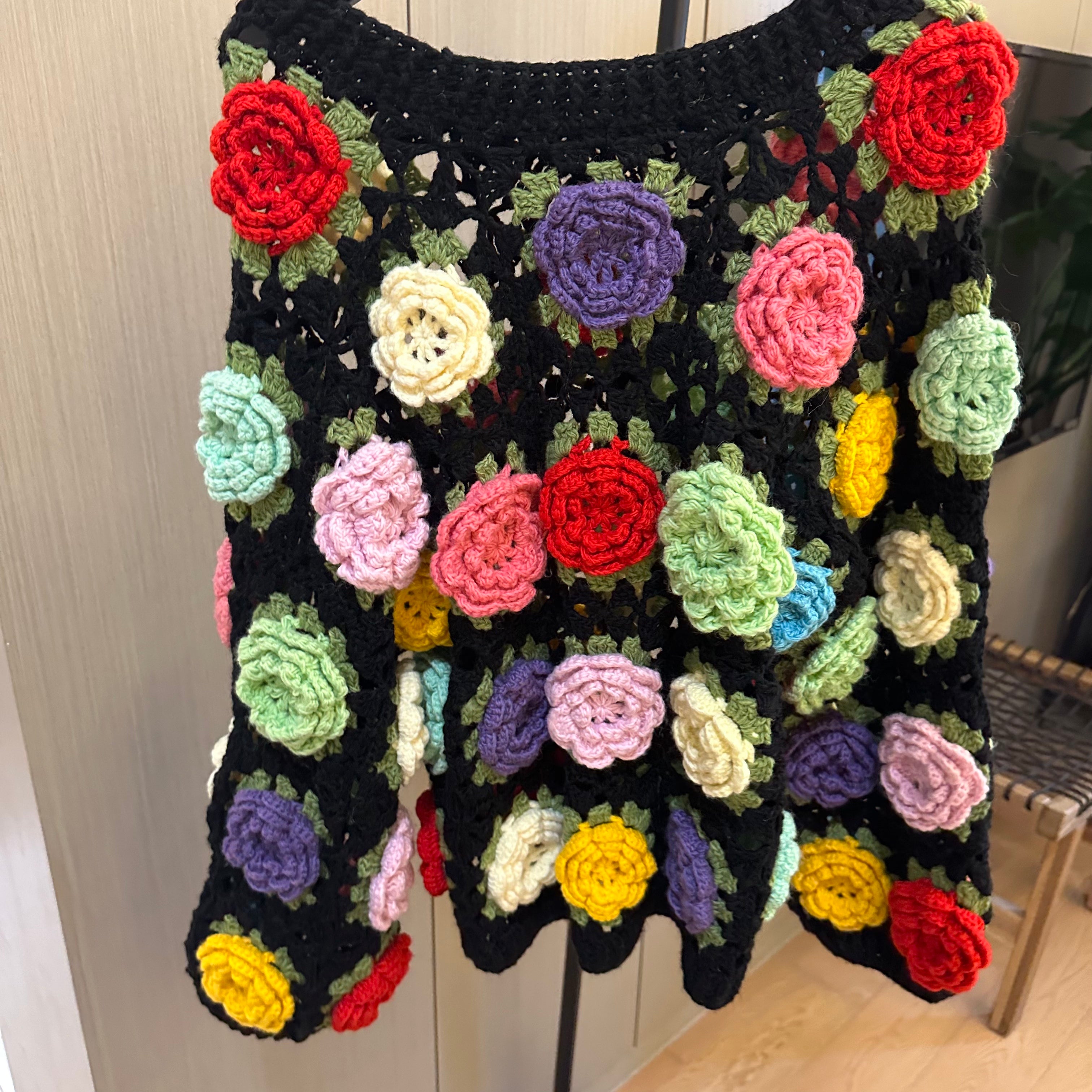 Women's Handknitted Sweater  Black V-neck  Outfits Hollow 3D Flowers Crochet Design Cozy Fashion  Knitwear Knitting Tops Long Sleeve