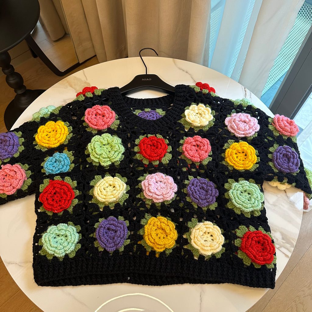 Women's Handknitted Sweater  Black V-neck  Outfits Hollow 3D Flowers Crochet Design Cozy Fashion  Knitwear Knitting Tops Long Sleeve