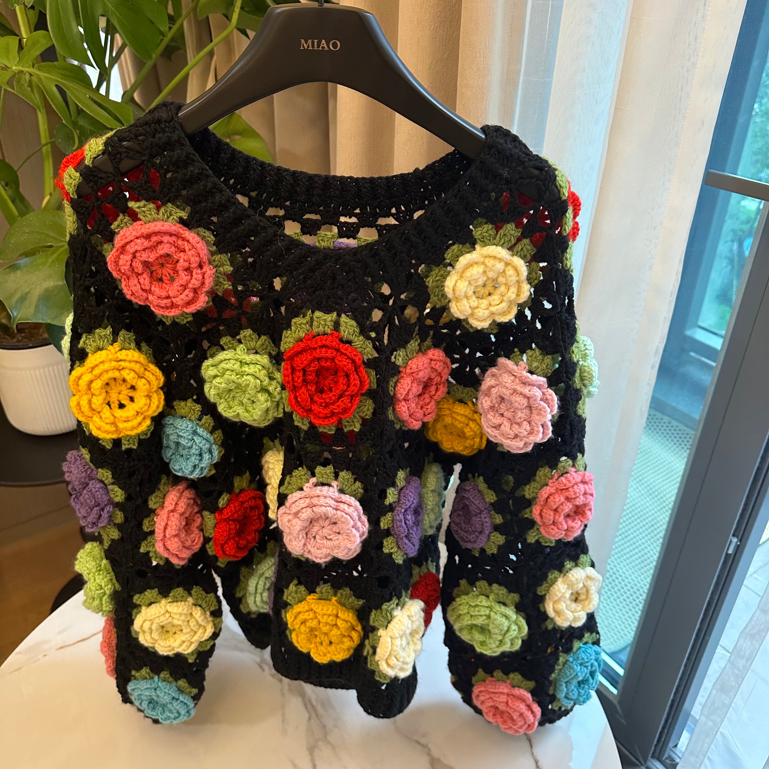 Women's Handknitted Sweater  Black V-neck  Outfits Hollow 3D Flowers Crochet Design Cozy Fashion  Knitwear Knitting Tops Long Sleeve