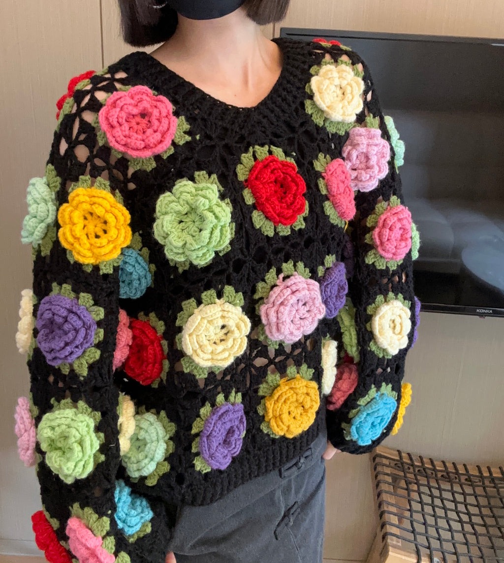 Women's Handknitted Sweater  Black V-neck  Outfits Hollow 3D Flowers Crochet Design Cozy Fashion  Knitwear Knitting Tops Long Sleeve