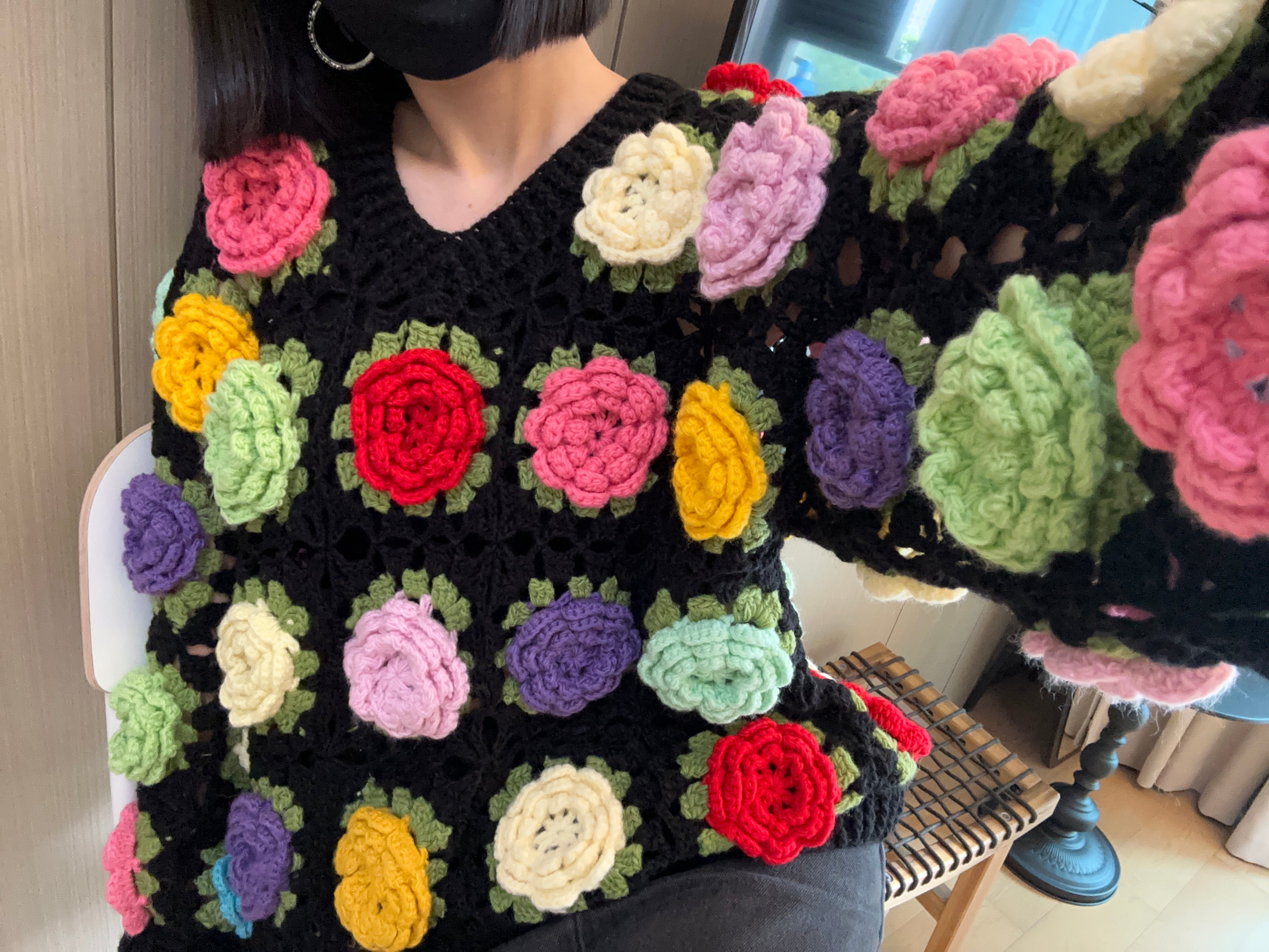 Women's Handknitted Sweater  Black V-neck  Outfits Hollow 3D Flowers Crochet Design Cozy Fashion  Knitwear Knitting Tops Long Sleeve