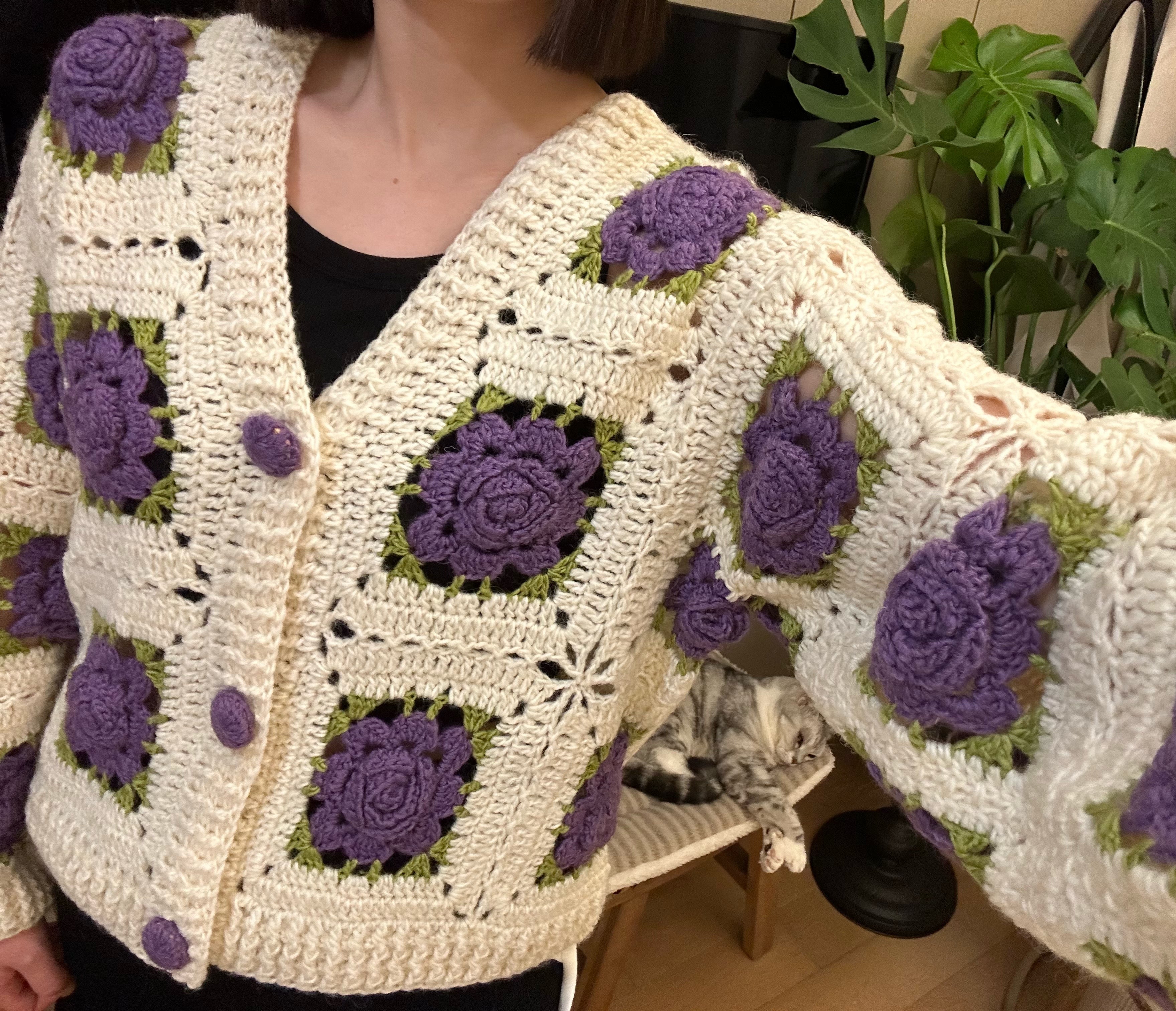 Women's Handknitted Sweater Cardigan Outfits 3D Hollow Purple Flowers Crochet Design Cozy Fashion  Knitwear Knitting Tops Long Sleeve