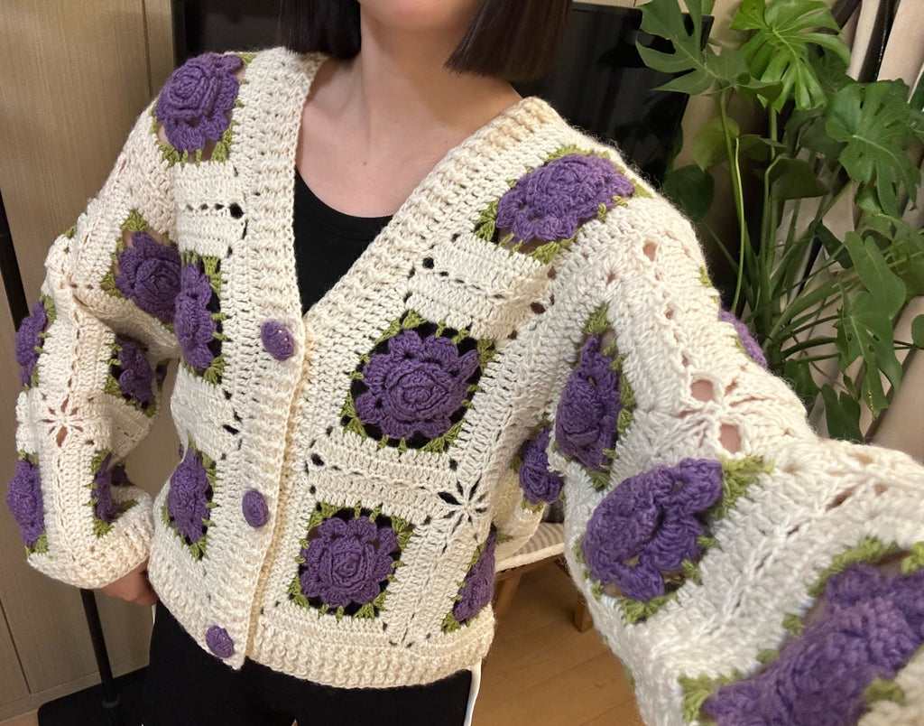 Women's Handknitted Sweater Cardigan Outfits 3D Hollow Purple Flowers Crochet Design Cozy Fashion  Knitwear Knitting Tops Long Sleeve
