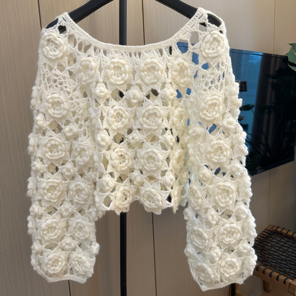 Women's Handknitted Sweater High-waist Women's Top Rave Outfits 3D White Flowers Hollow Design Wool Material  Knitting