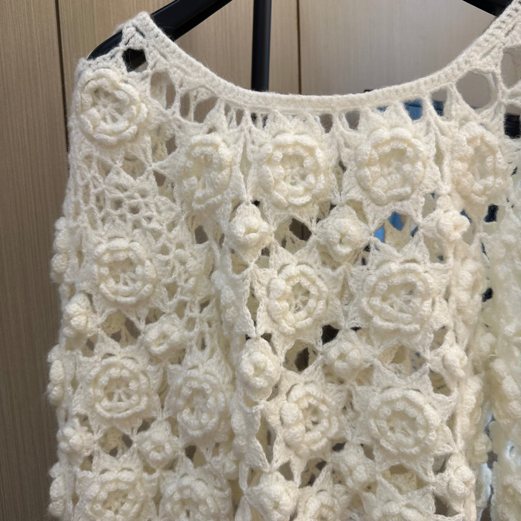 Women's Handknitted Sweater High-waist Women's Top Rave Outfits 3D White Flowers Hollow Design Wool Material  Knitting