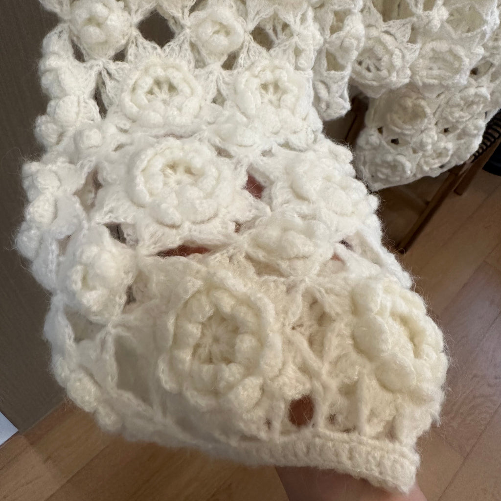 Women's Handknitted Sweater High-waist Women's Top Rave Outfits 3D White Flowers Hollow Design Wool Material  Knitting