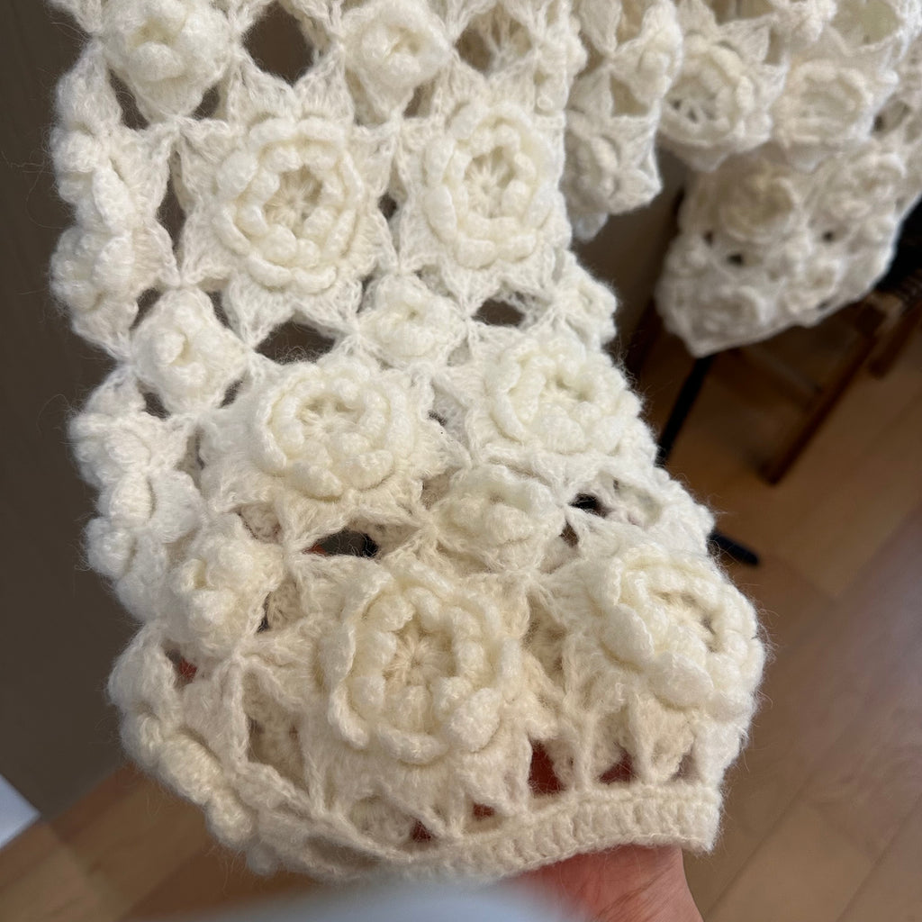 Women's Handknitted Sweater High-waist Women's Top Rave Outfits 3D White Flowers Hollow Design Wool Material  Knitting