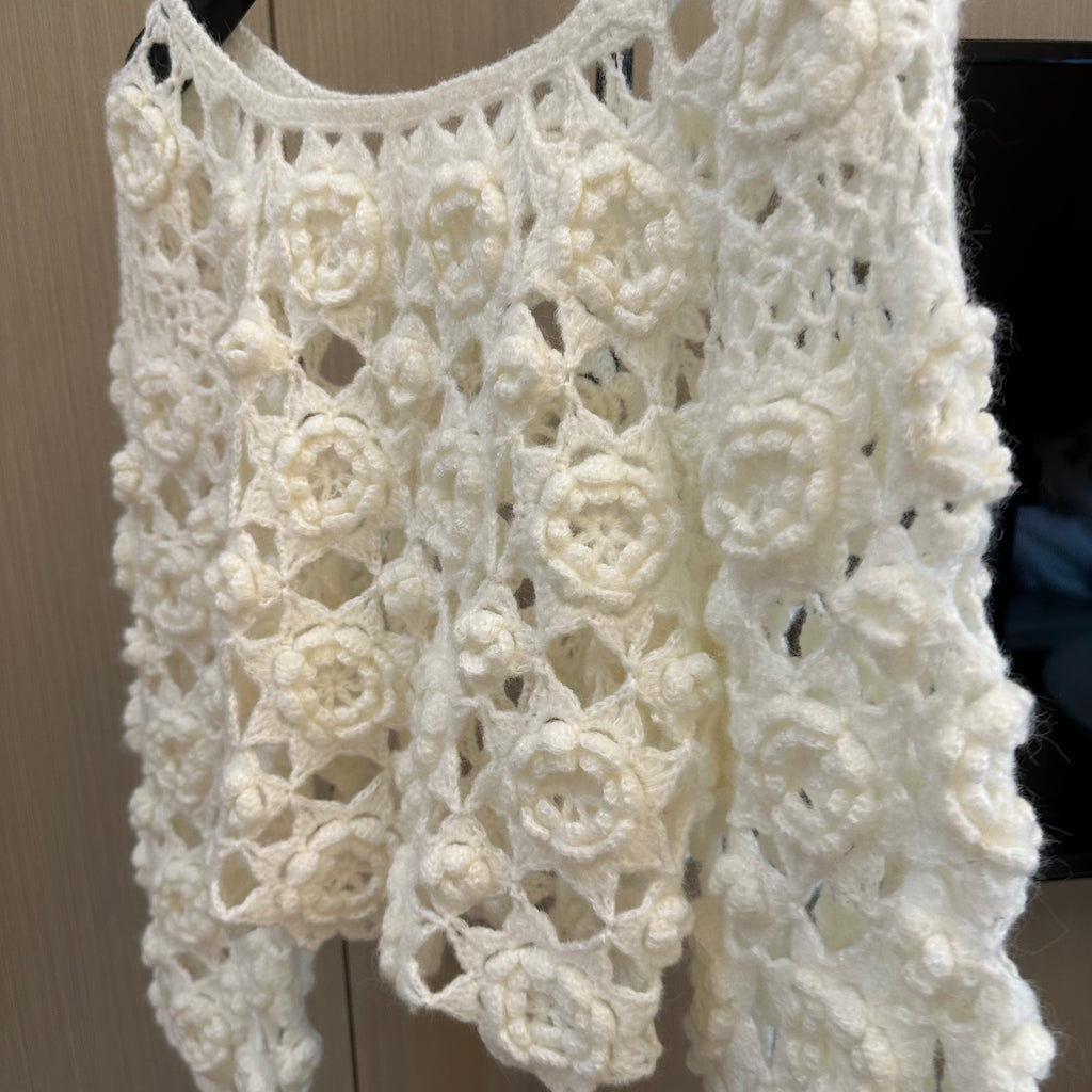 Women's Handknitted Sweater High-waist Women's Top Rave Outfits 3D White Flowers Hollow Design Wool Material  Knitting