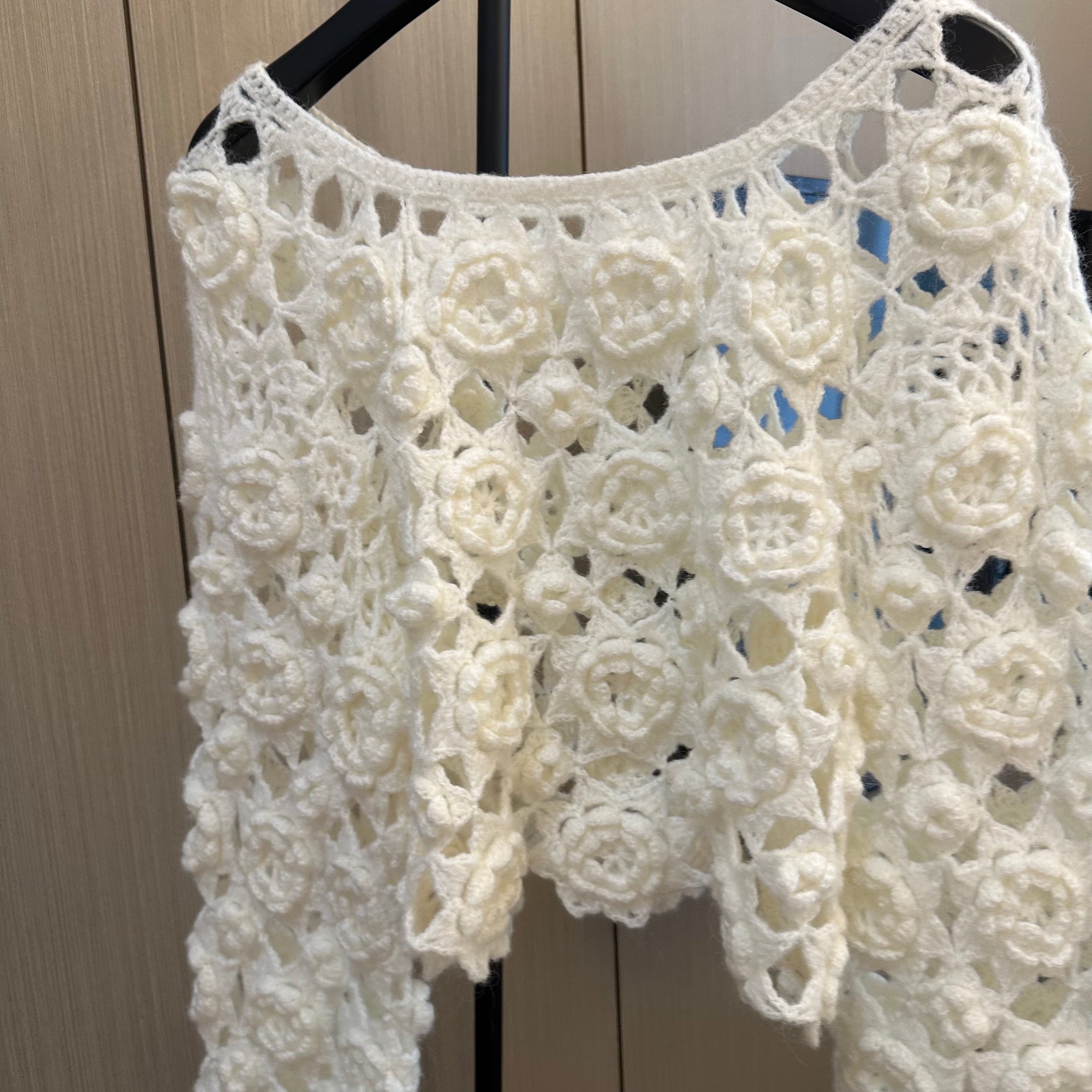 Women's Handknitted Sweater High-waist Women's Top Rave Outfits 3D White Flowers Hollow Design Wool Material  Knitting