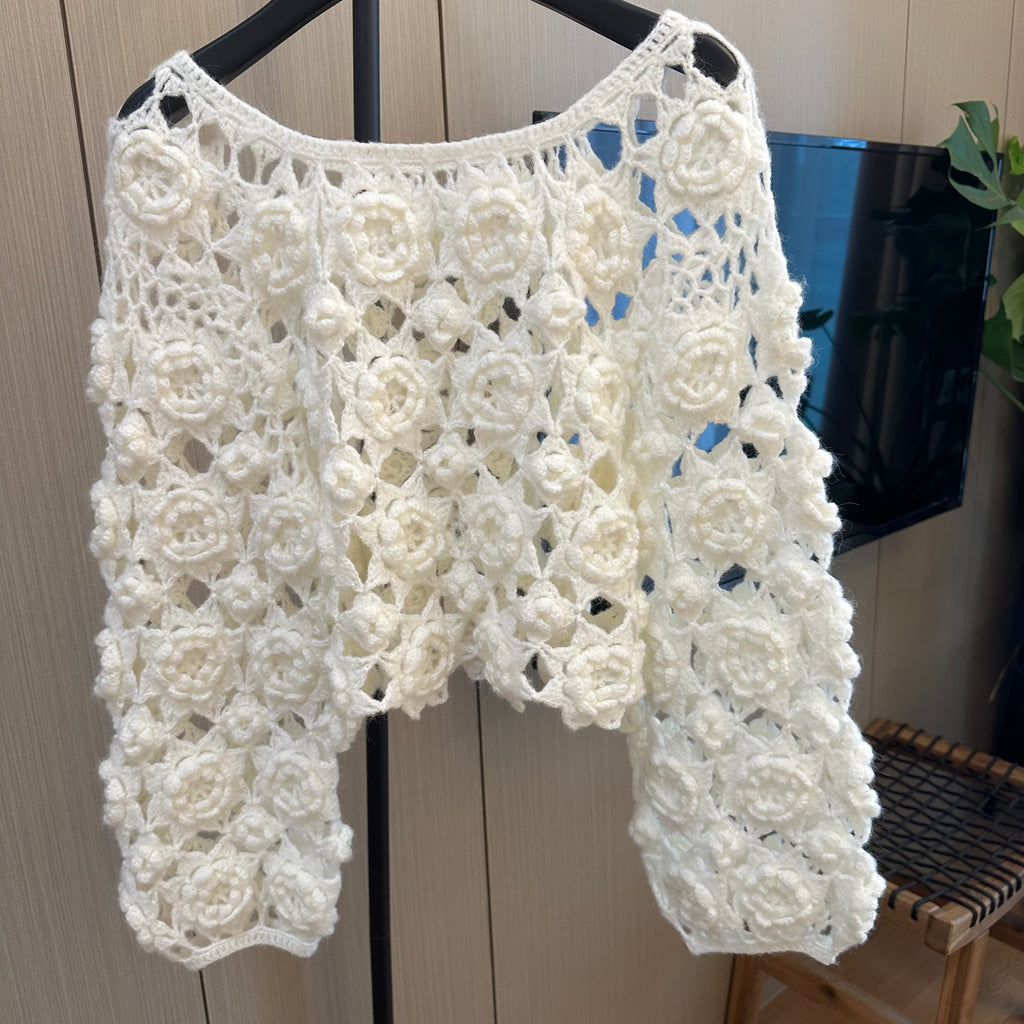 Women's Handknitted Sweater High-waist Women's Top Rave Outfits 3D White Flowers Hollow Design Wool Material  Knitting