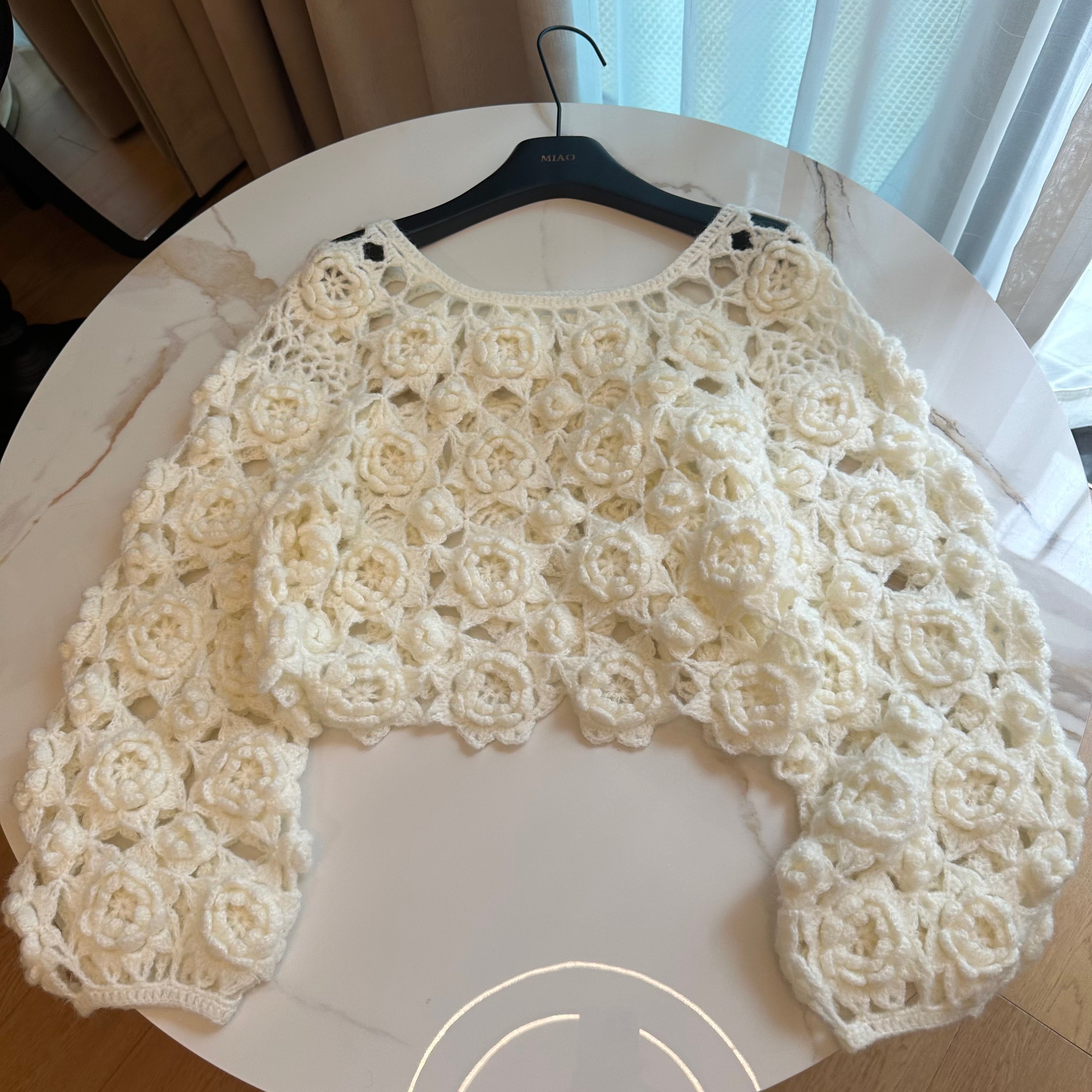 Women's Handknitted Sweater High-waist Women's Top Rave Outfits 3D White Flowers Hollow Design Wool Material  Knitting