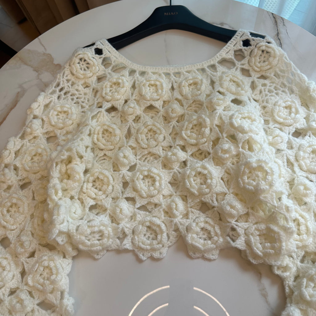 Women's Handknitted Sweater High-waist Women's Top Rave Outfits 3D White Flowers Hollow Design Wool Material  Knitting