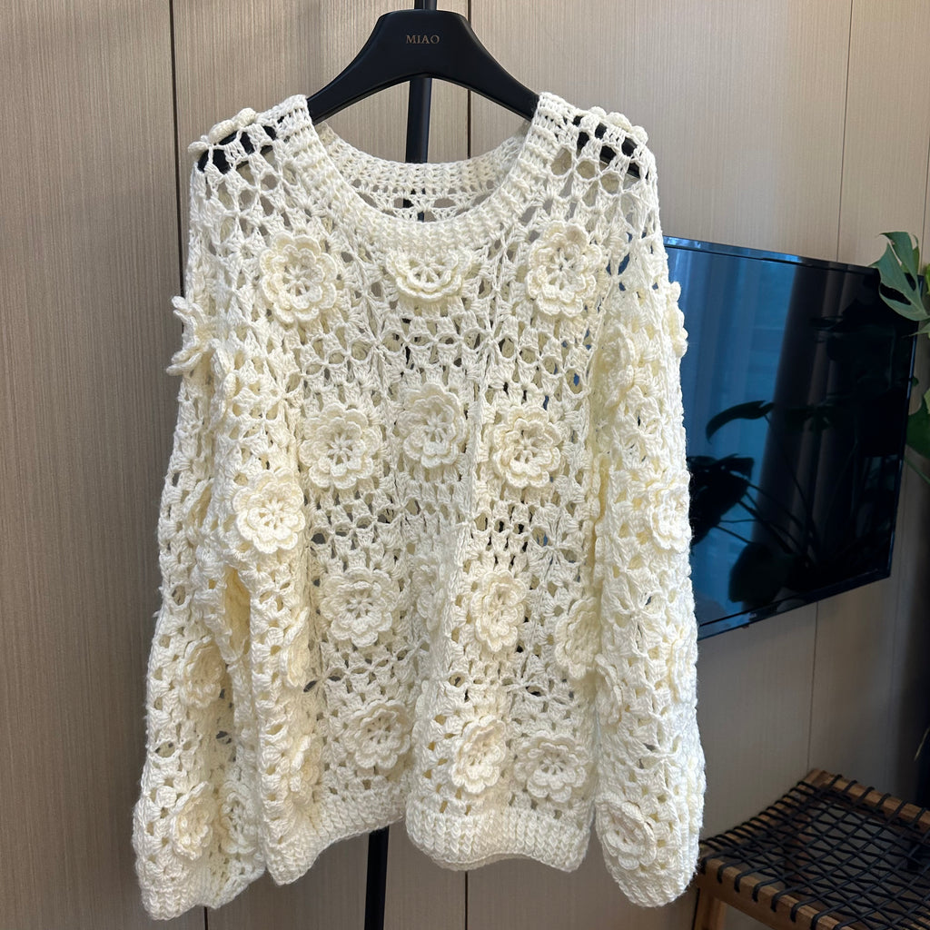 Women's Handknitted Sweater Oversized Women's Top Rave Outfits 3D White Flowers Hollow Design Wool Material  Knitting