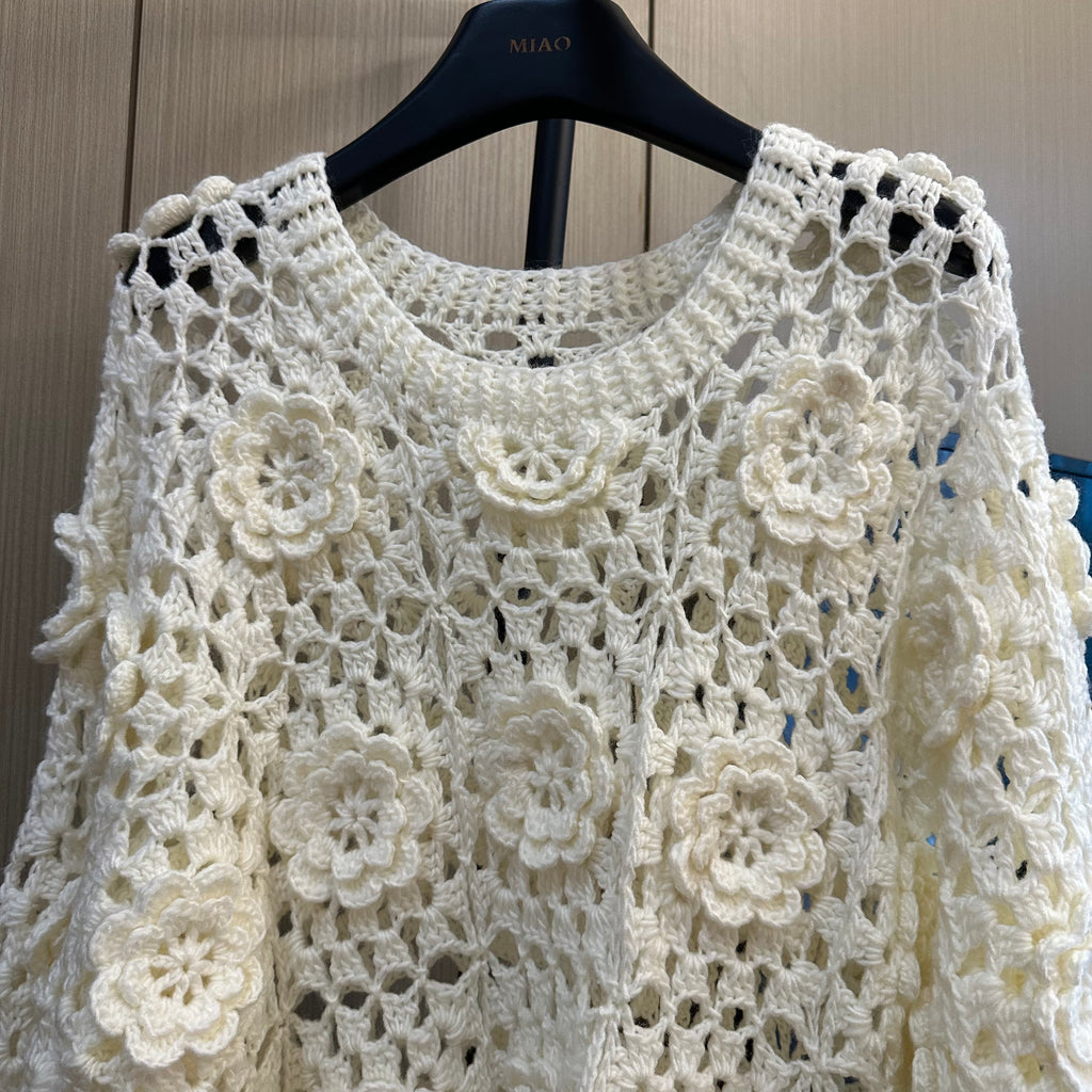 Women's Handknitted Sweater Oversized Women's Top Rave Outfits 3D White Flowers Hollow Design Wool Material  Knitting