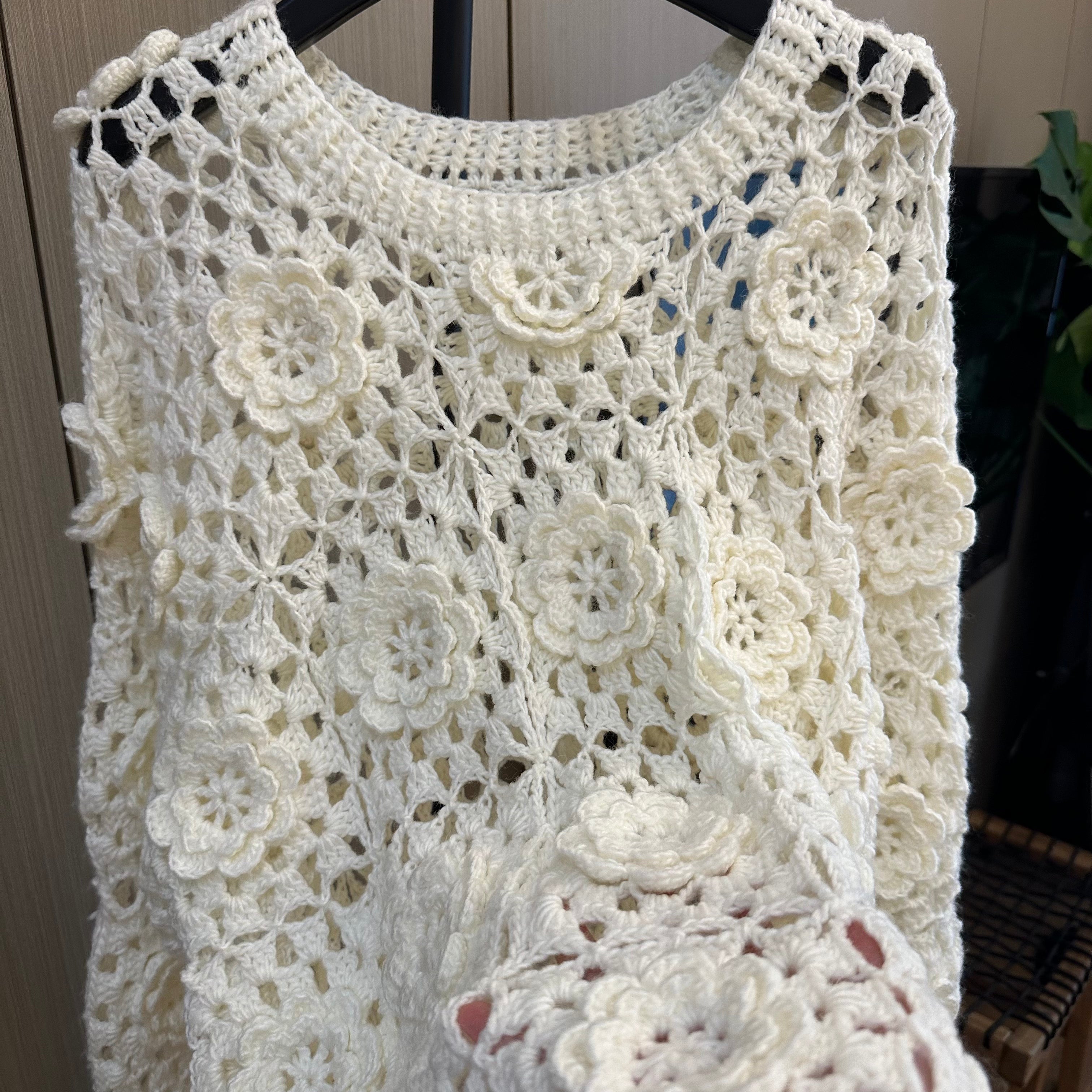 Women's Handknitted Sweater Oversized Women's Top Rave Outfits 3D White Flowers Hollow Design Wool Material  Knitting