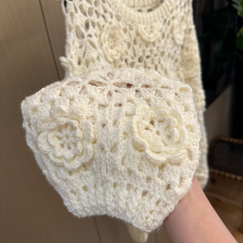 Women's Handknitted Sweater Oversized Women's Top Rave Outfits 3D White Flowers Hollow Design Wool Material  Knitting
