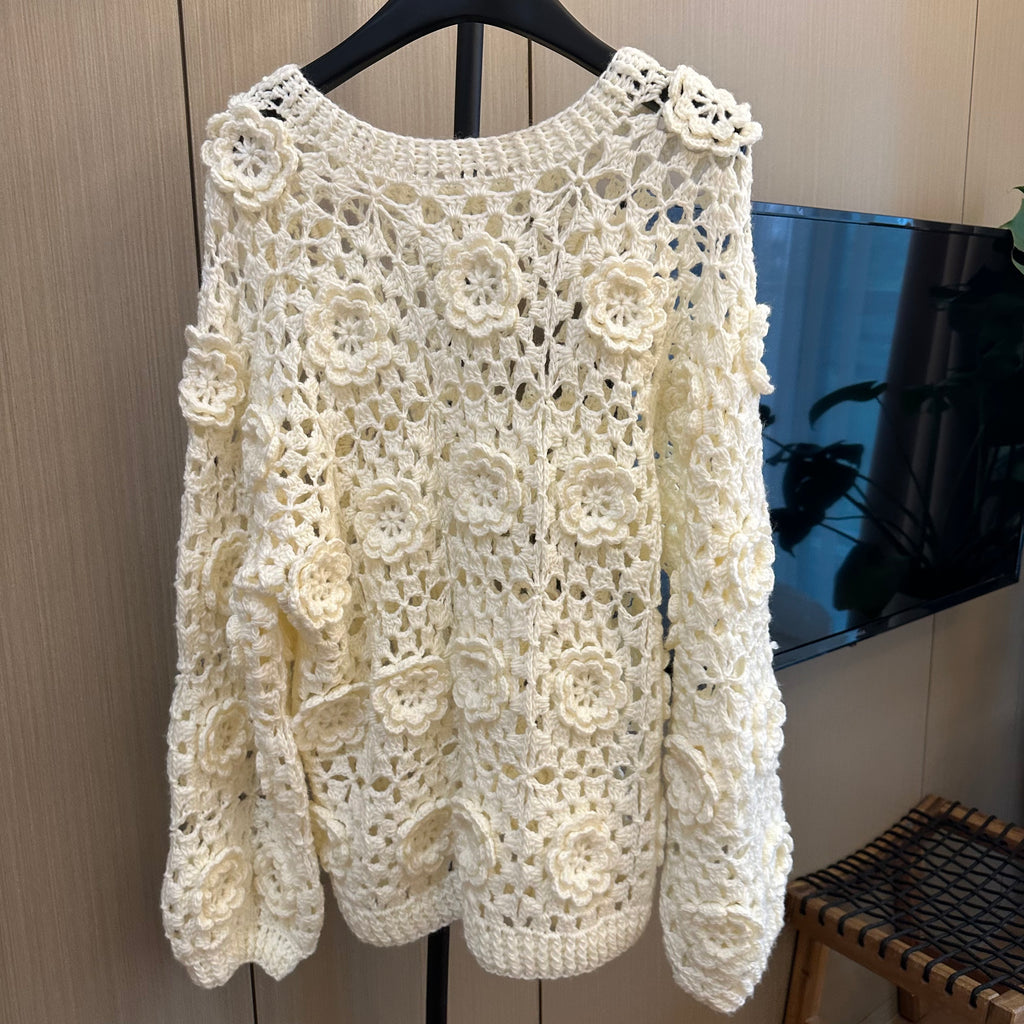 Women's Handknitted Sweater Oversized Women's Top Rave Outfits 3D White Flowers Hollow Design Wool Material  Knitting