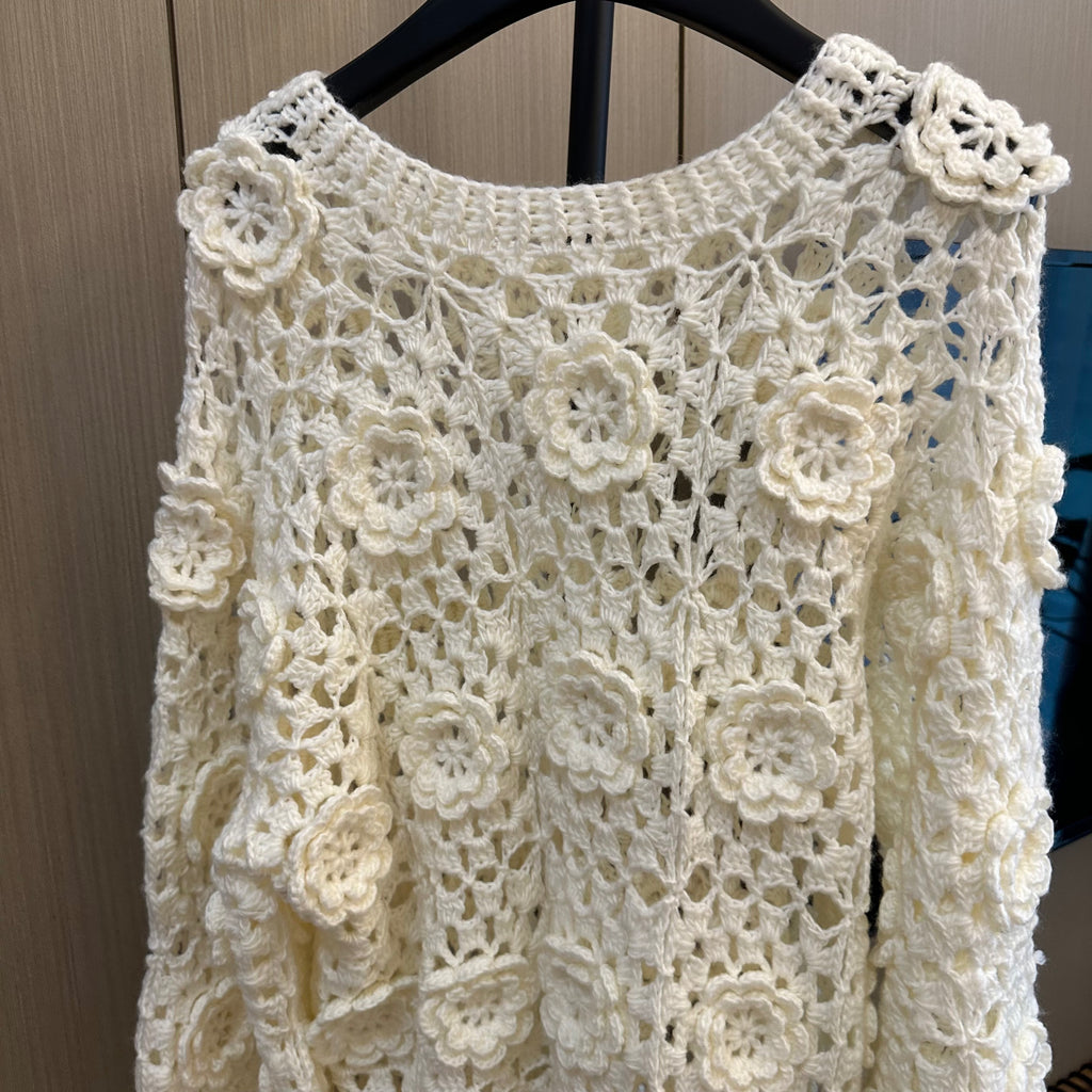 Women's Handknitted Sweater Oversized Women's Top Rave Outfits 3D White Flowers Hollow Design Wool Material  Knitting