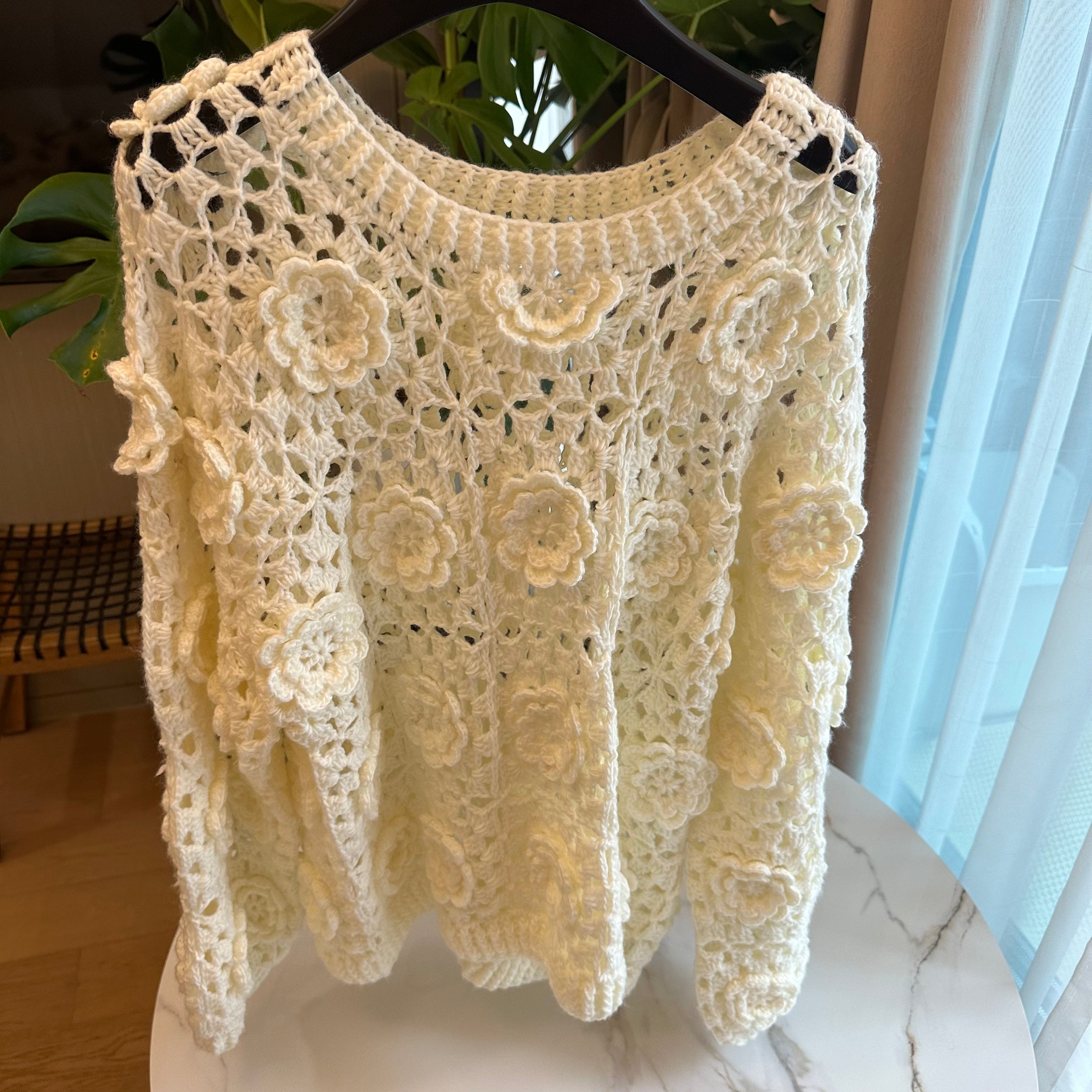 Women's Handknitted Sweater Oversized Women's Top Rave Outfits 3D White Flowers Hollow Design Wool Material  Knitting