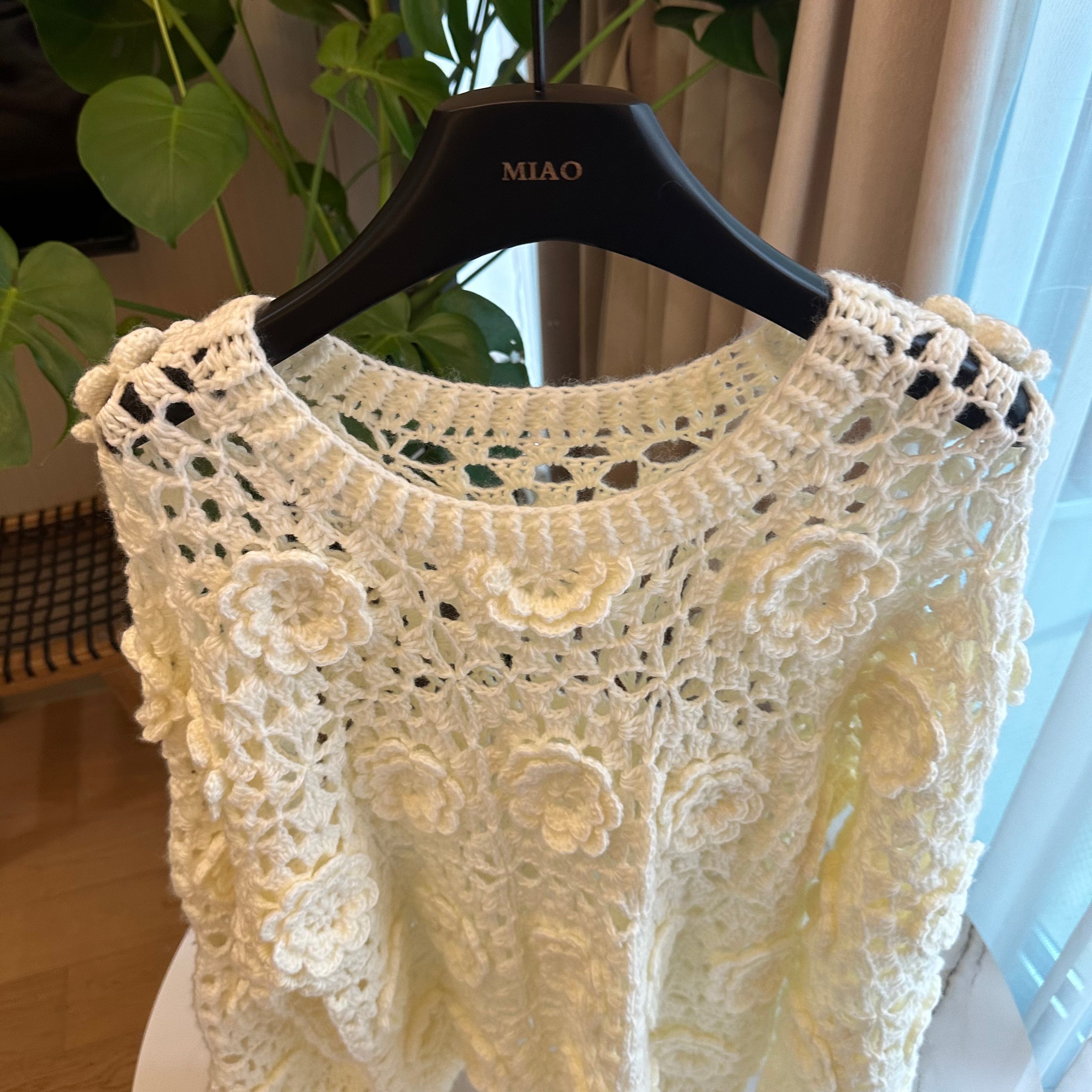 Women's Handknitted Sweater Oversized Women's Top Rave Outfits 3D White Flowers Hollow Design Wool Material  Knitting
