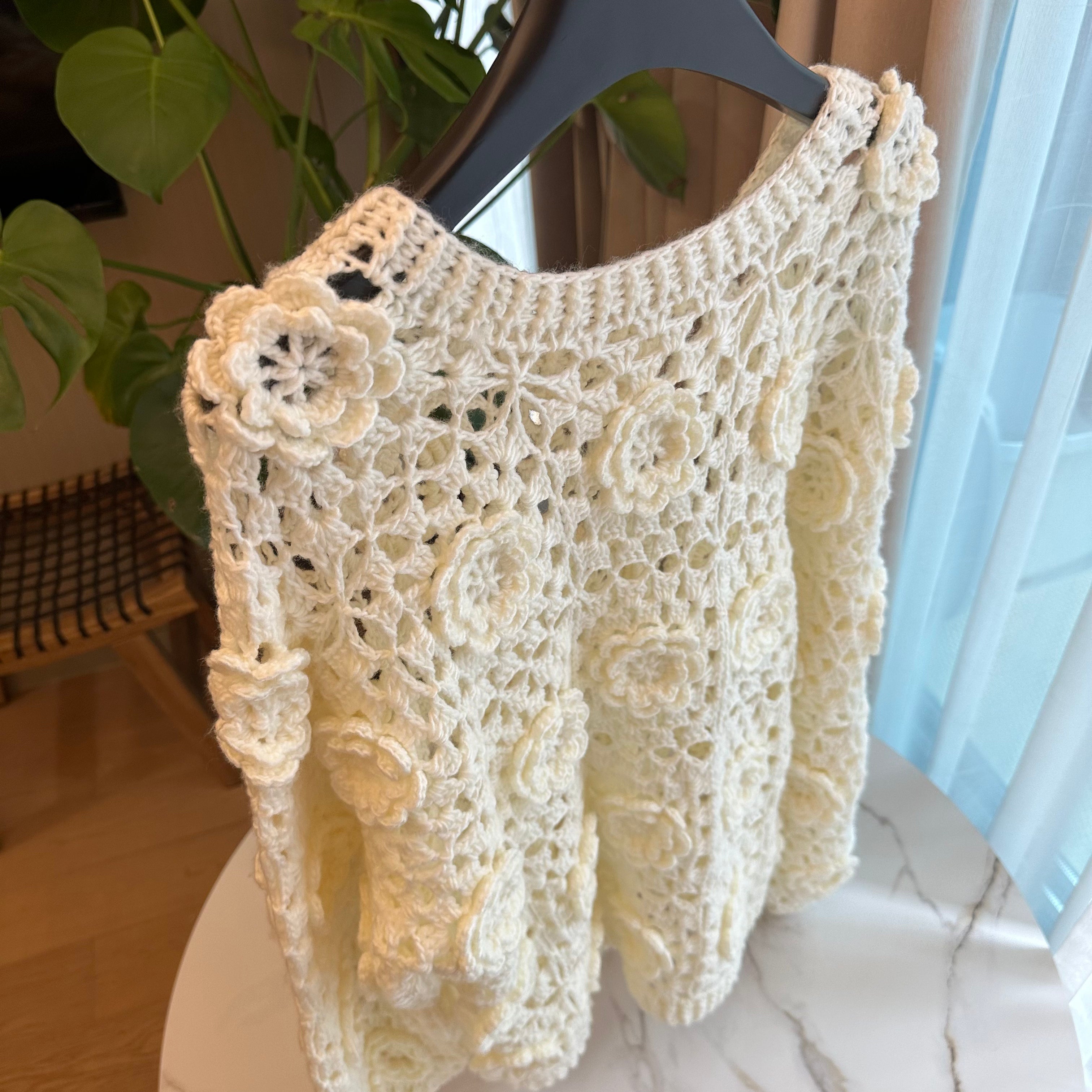 Women's Handknitted Sweater Oversized Women's Top Rave Outfits 3D White Flowers Hollow Design Wool Material  Knitting