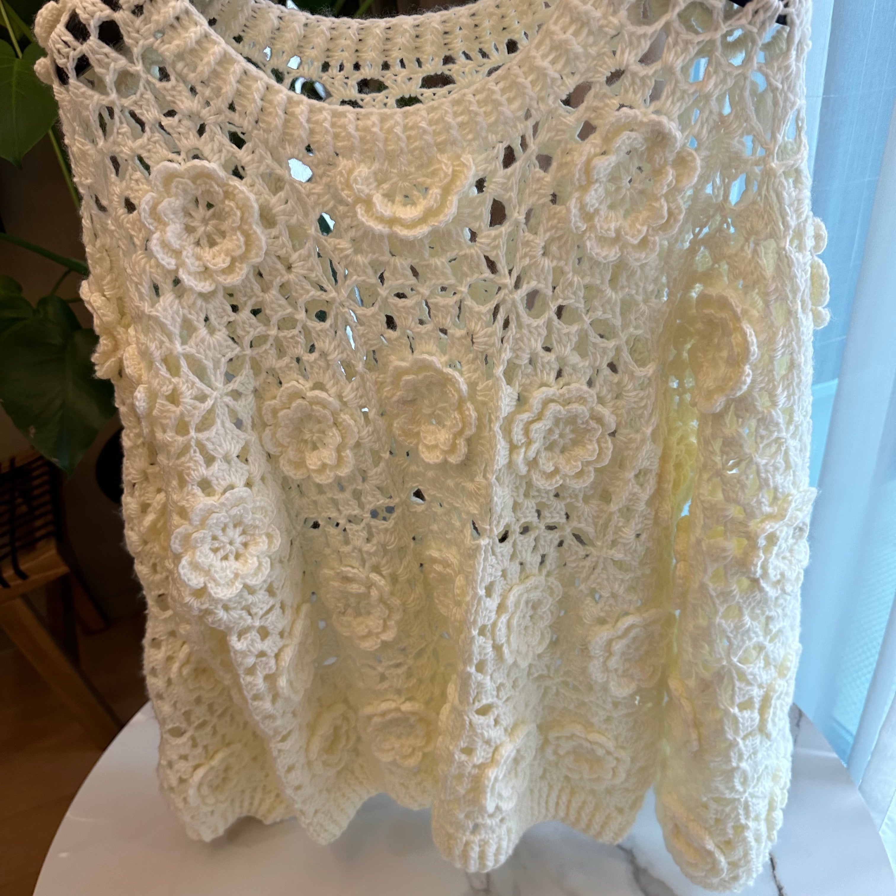Women's Handknitted Sweater Oversized Women's Top Rave Outfits 3D White Flowers Hollow Design Wool Material  Knitting
