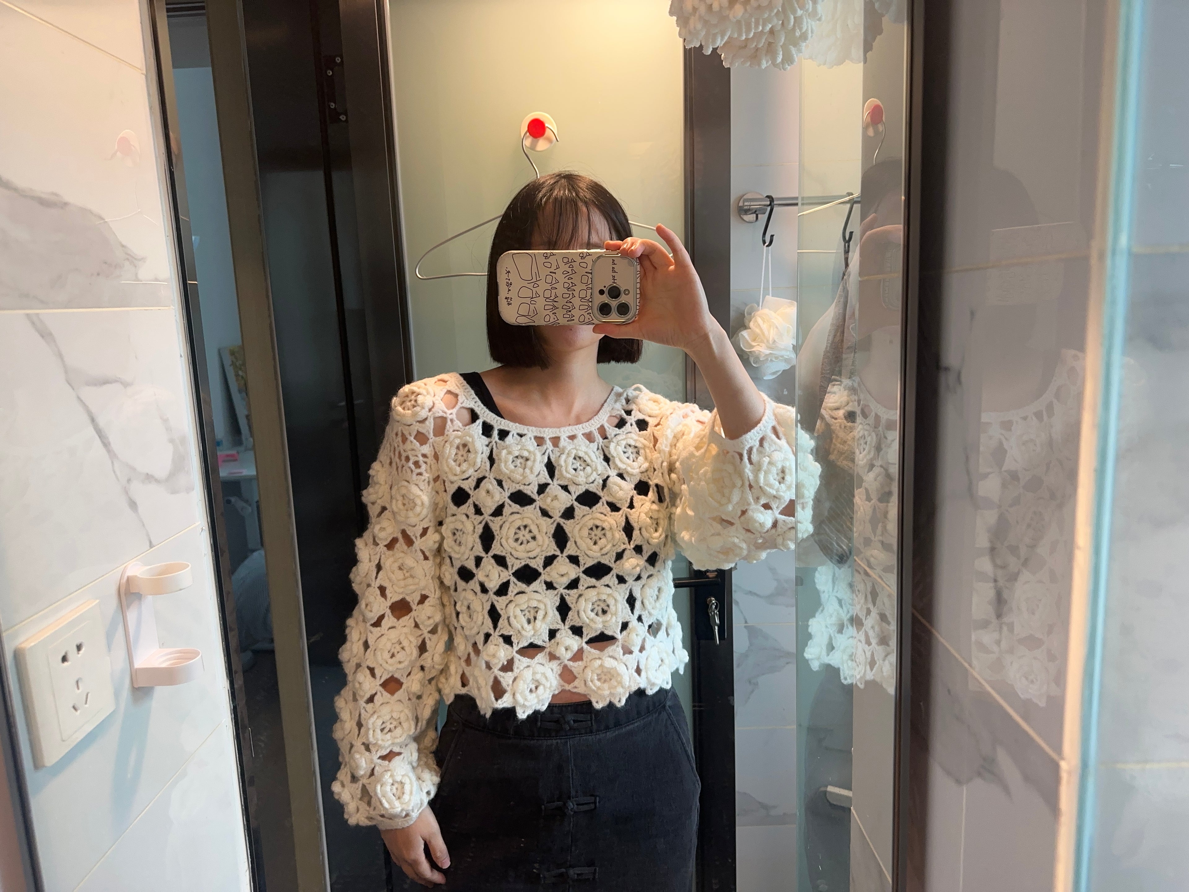 Women's Handknitted Sweater High-waist Women's Top Rave Outfits 3D White Flowers Hollow Design Wool Material  Knitting