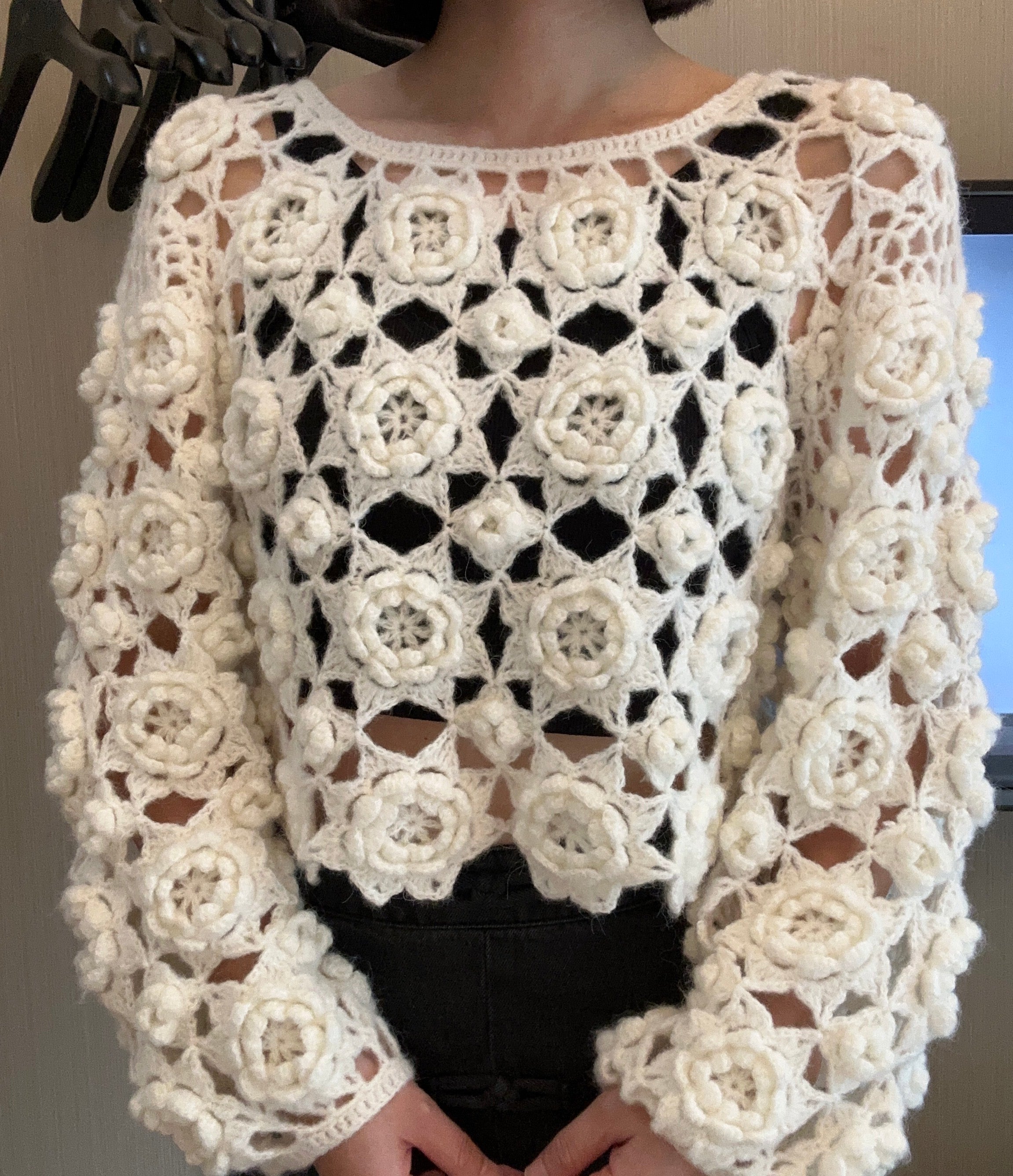 Women's Handknitted Sweater High-waist Women's Top Rave Outfits 3D White Flowers Hollow Design Wool Material  Knitting
