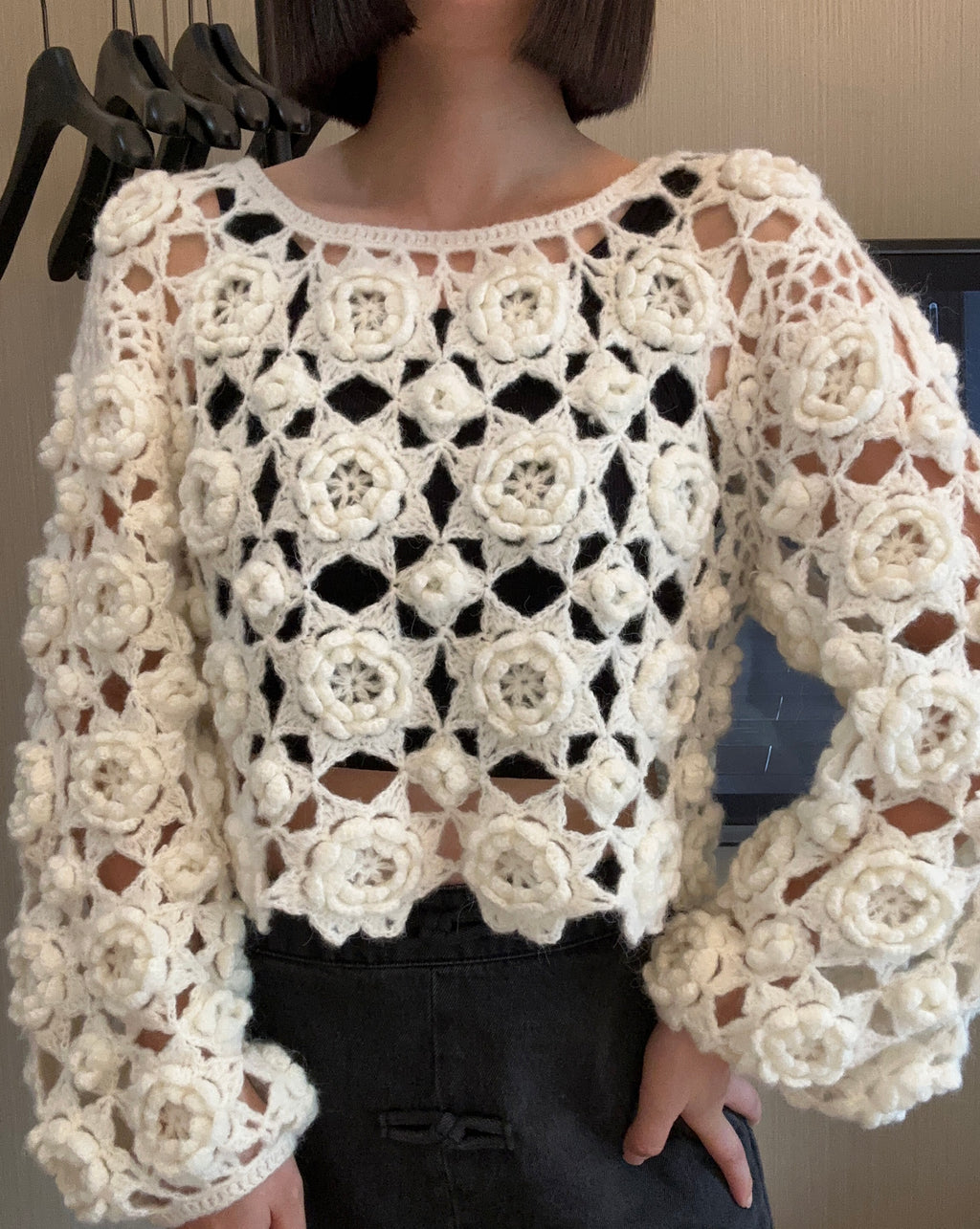Women's Handknitted Sweater High-waist Women's Top Rave Outfits 3D White Flowers Hollow Design Wool Material  Knitting