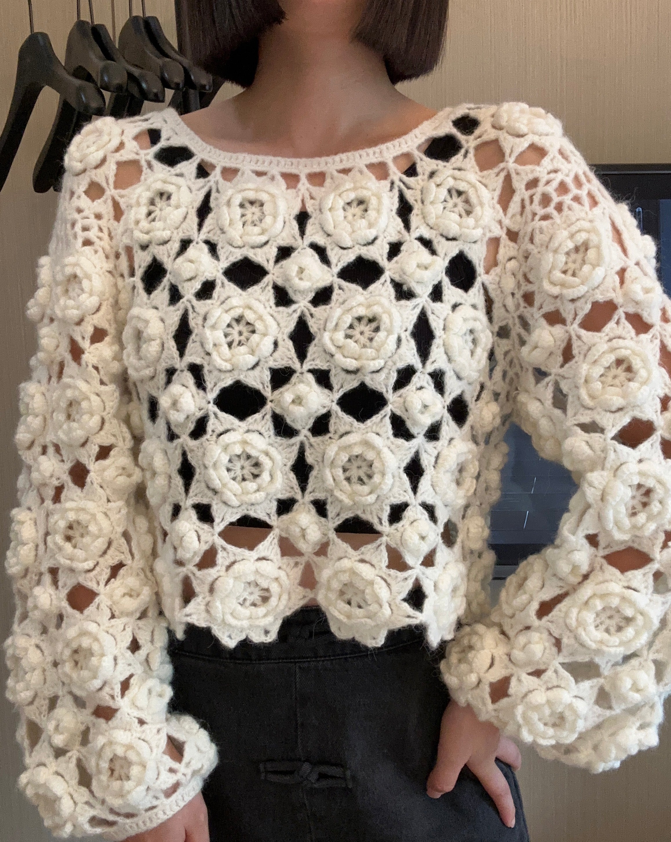 Women's Handknitted Sweater High-waist Women's Top Rave Outfits 3D White Flowers Hollow Design Wool Material  Knitting
