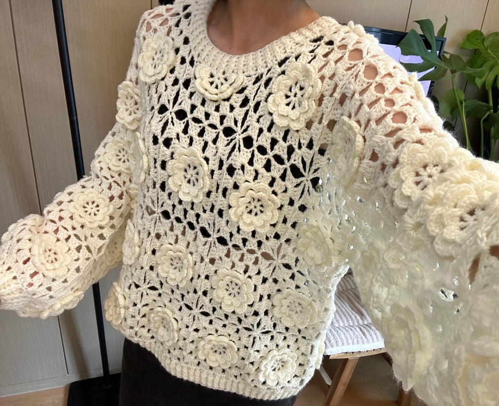 Women's Handknitted Sweater Oversized Women's Top Rave Outfits 3D White Flowers Hollow Design Wool Material  Knitting