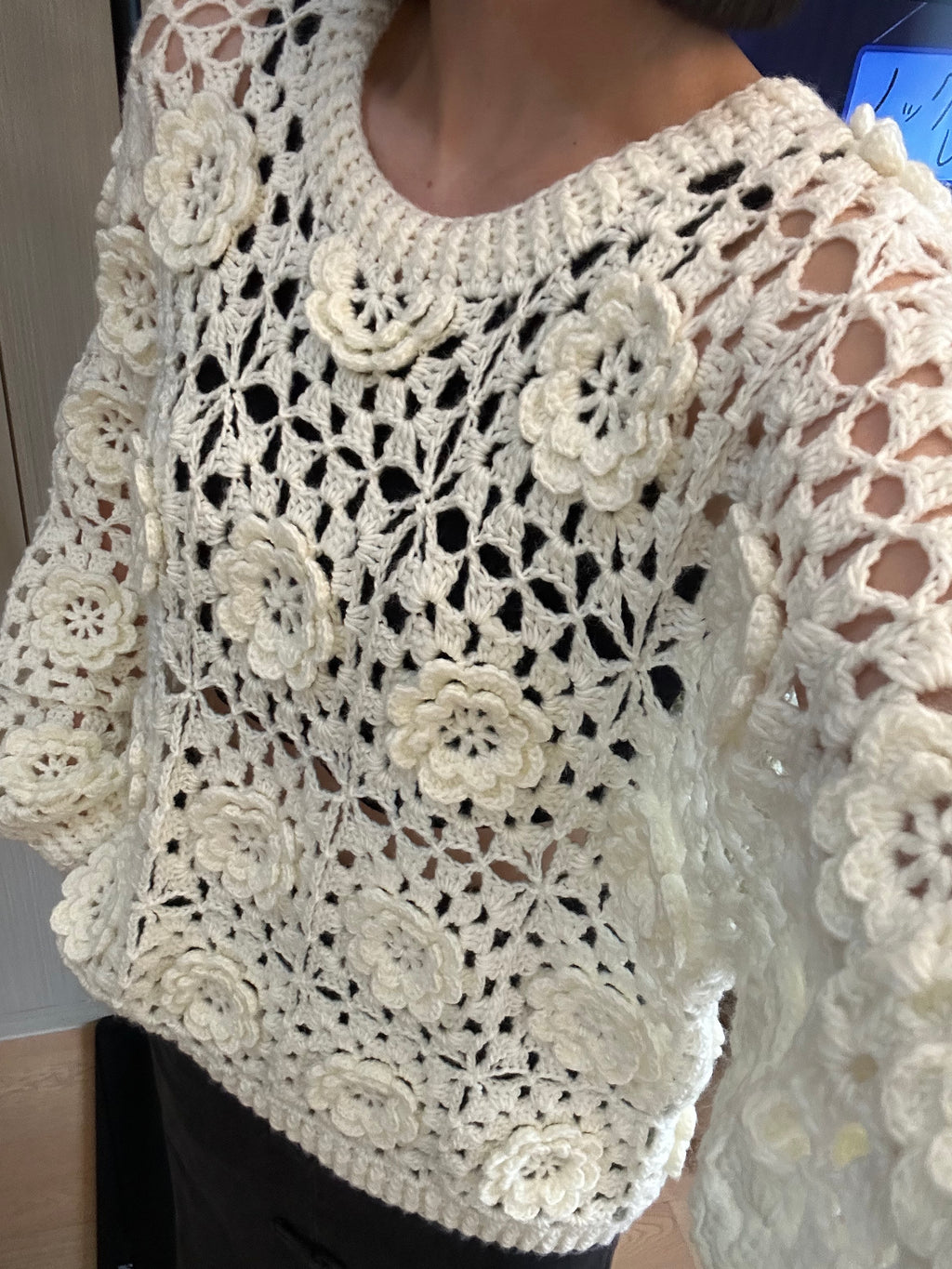 Women's Handknitted Sweater Oversized Women's Top Rave Outfits 3D White Flowers Hollow Design Wool Material  Knitting