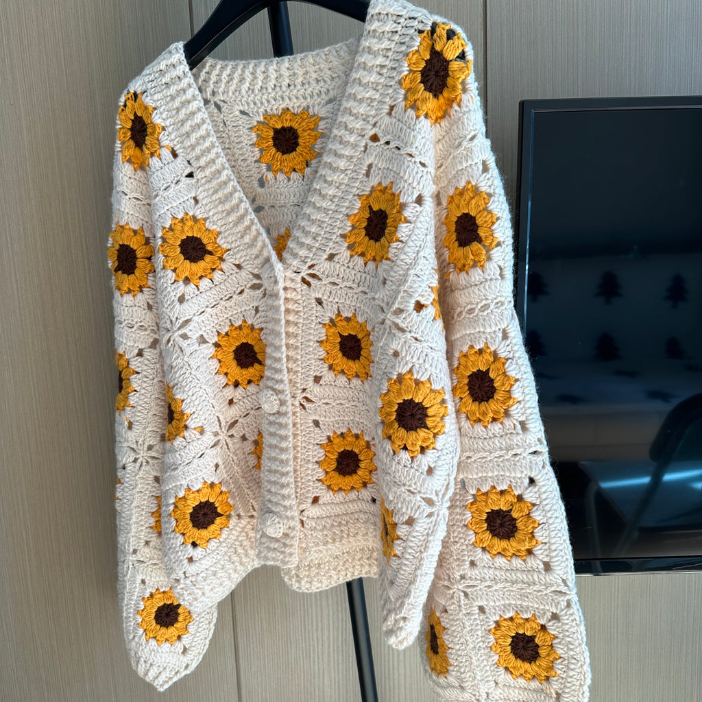 Women's Handknitted Sweater Cardigan Outfits 3D Hollow Sunflowers Crochet Design Cozy Fashion  Knitwear Knitting Tops Long Sleeve
